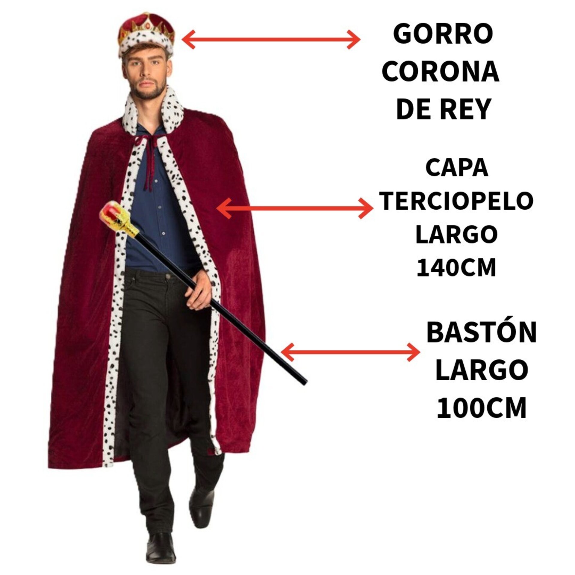 Capa Rey Mago Lujo Burdeos 140cm | Gorro Corona + Bastón | Accesorio Príncipe - 5