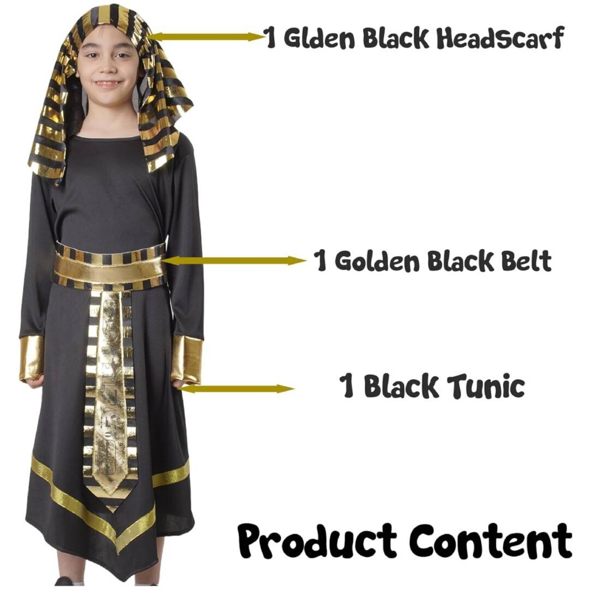Disfraz de Faraón Egipcio para Niño. Traje Negro Histórico con Detalles Dorados. - 5