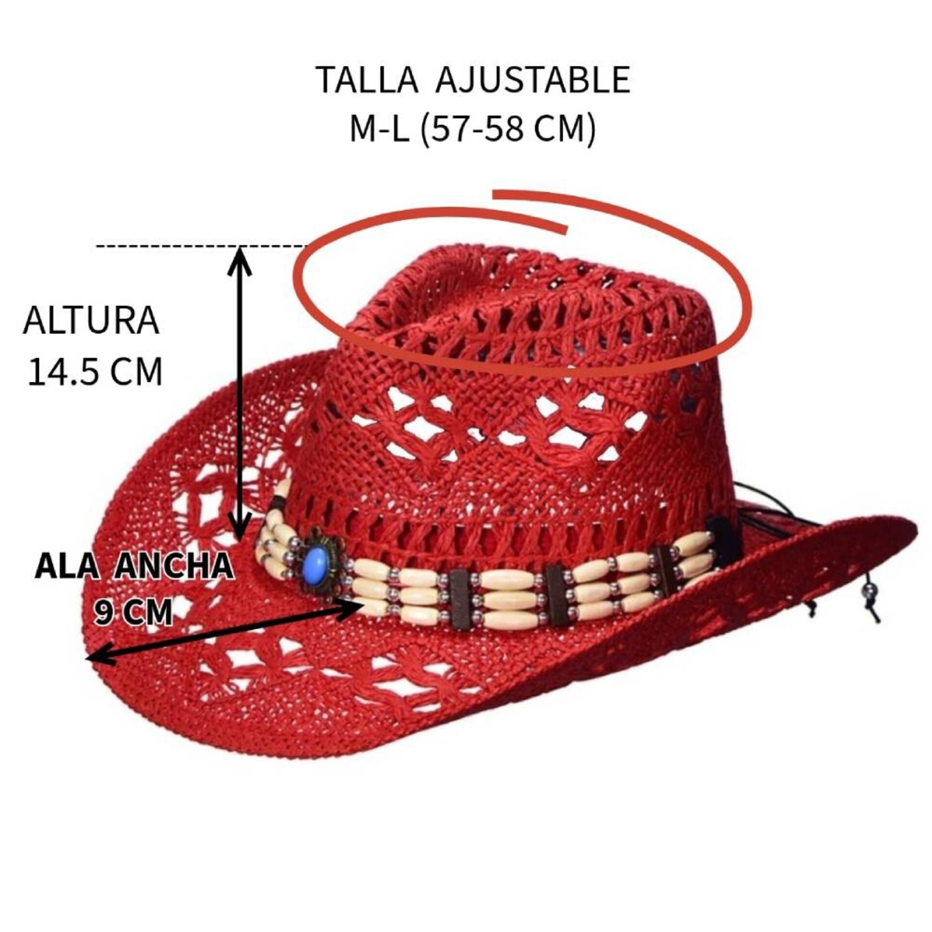 Sombrero Vaquero Paja Unisex | Rojo Cowboy Western | Alas Anchas Talla Adulto - 5