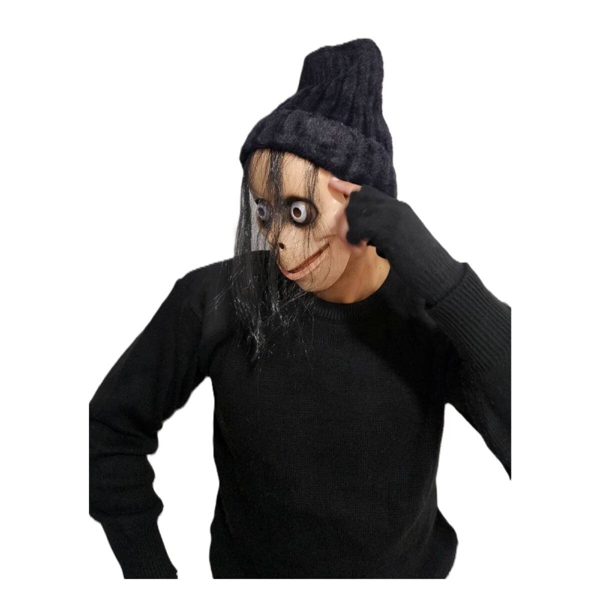 Máscara de Momo con pelo Guantes, Gorro Negro para Adulto - 9