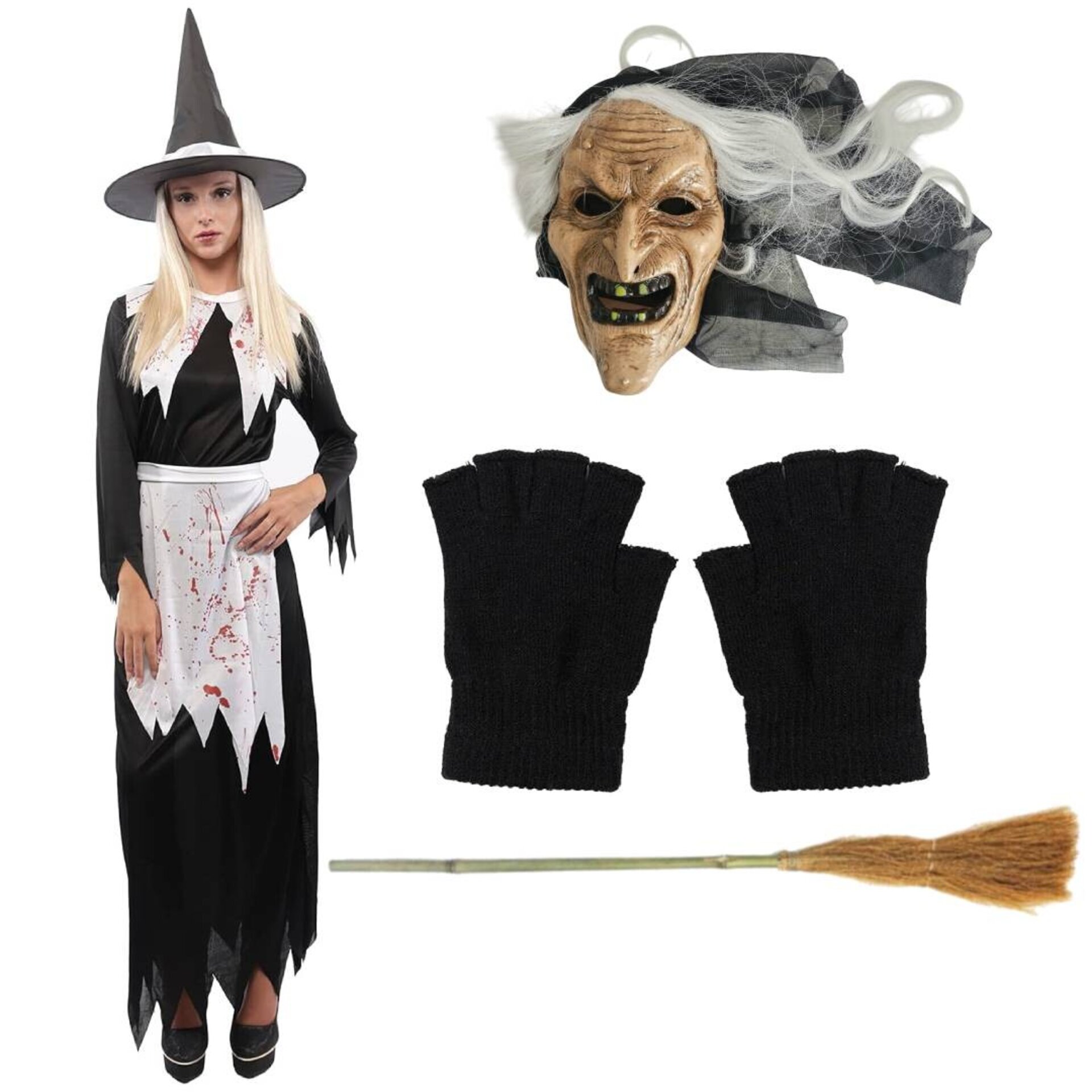 Disfraz Bruja Maligna Adulta | Vestido Negro Máscara Guantes Escoba Sombrero - 2