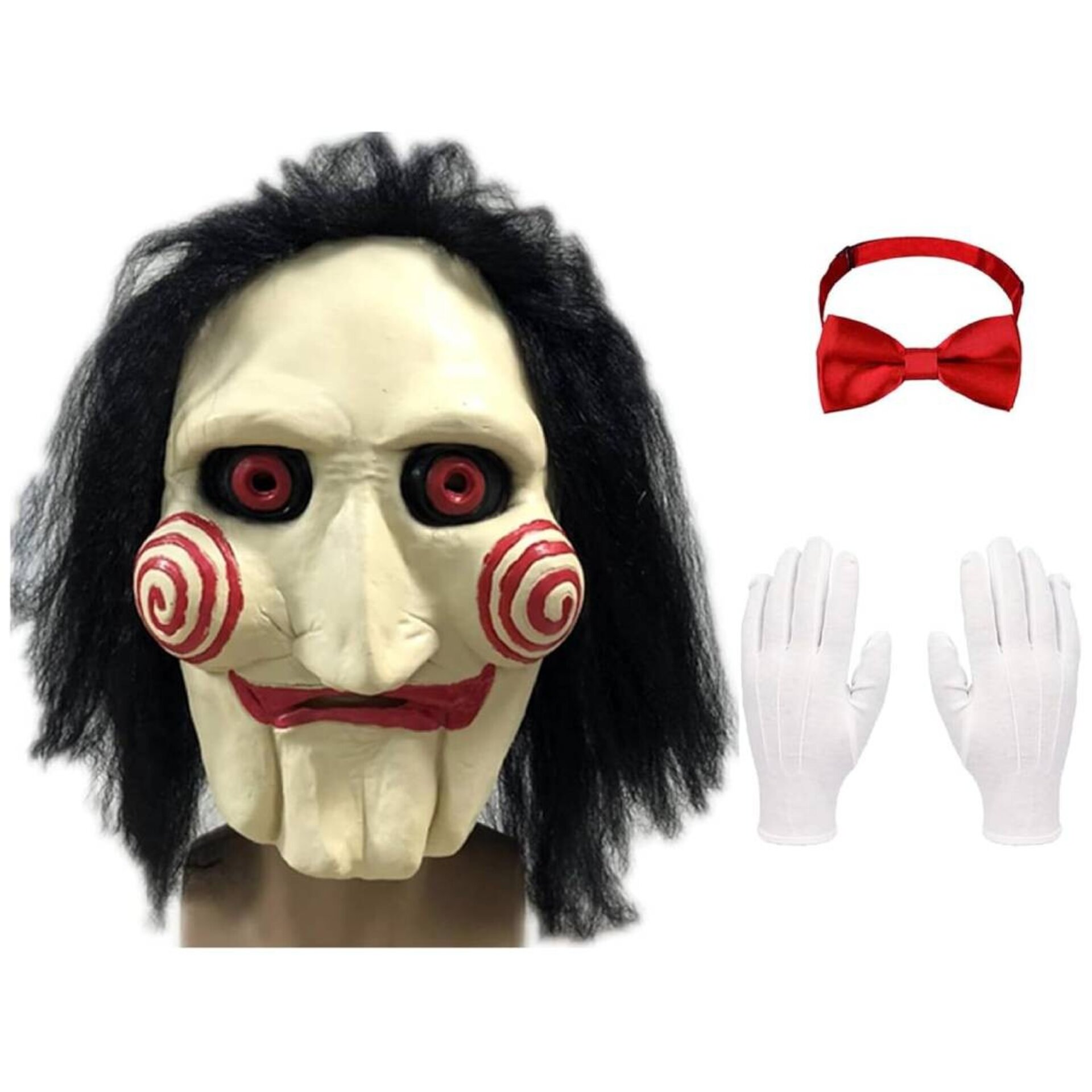 Disfraz Saw Máscara latex con peluca Guante, Pajarita para Adulto Terror Miedo - 1