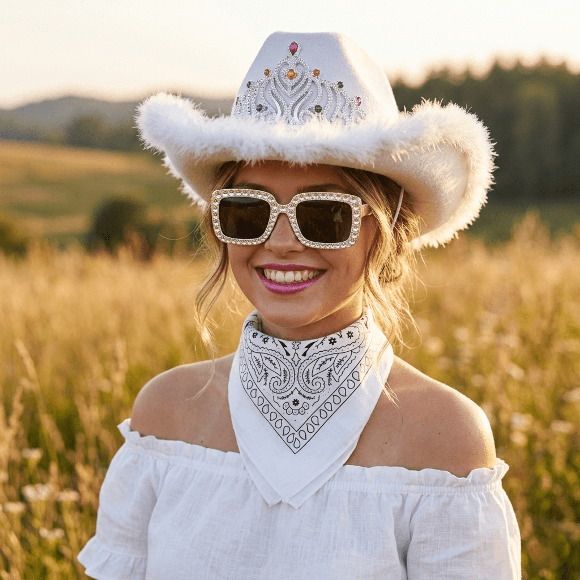Set Vaquera Sombrero Cowgirl Blanca, Bandana Western y Gafas Fashion - 1