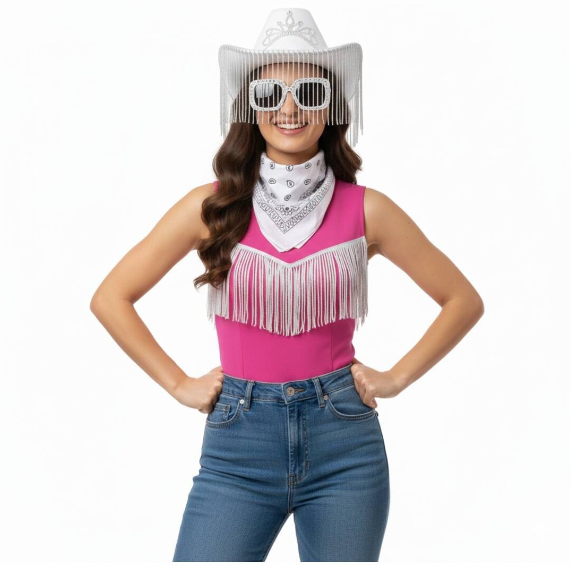 Pack Disfraz Vaquera Blanca, Sombrero Cowgirl con Flecos, Gafas y Bandana - 2