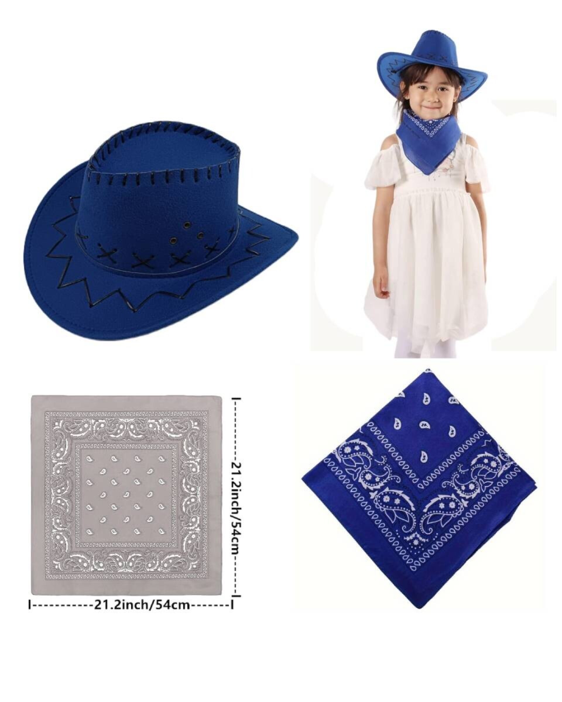 Sombrero Vaquero Cowboy Azul Niños Con Pañuelo Bandana Western Azul - 3