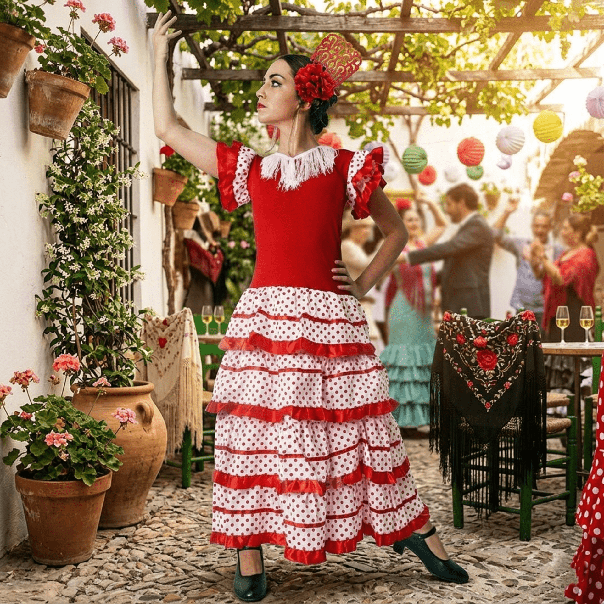 Vestido de Flamenca Mujer Traje Sevillana Rojo y Lunares con Flor y Peineta - 4