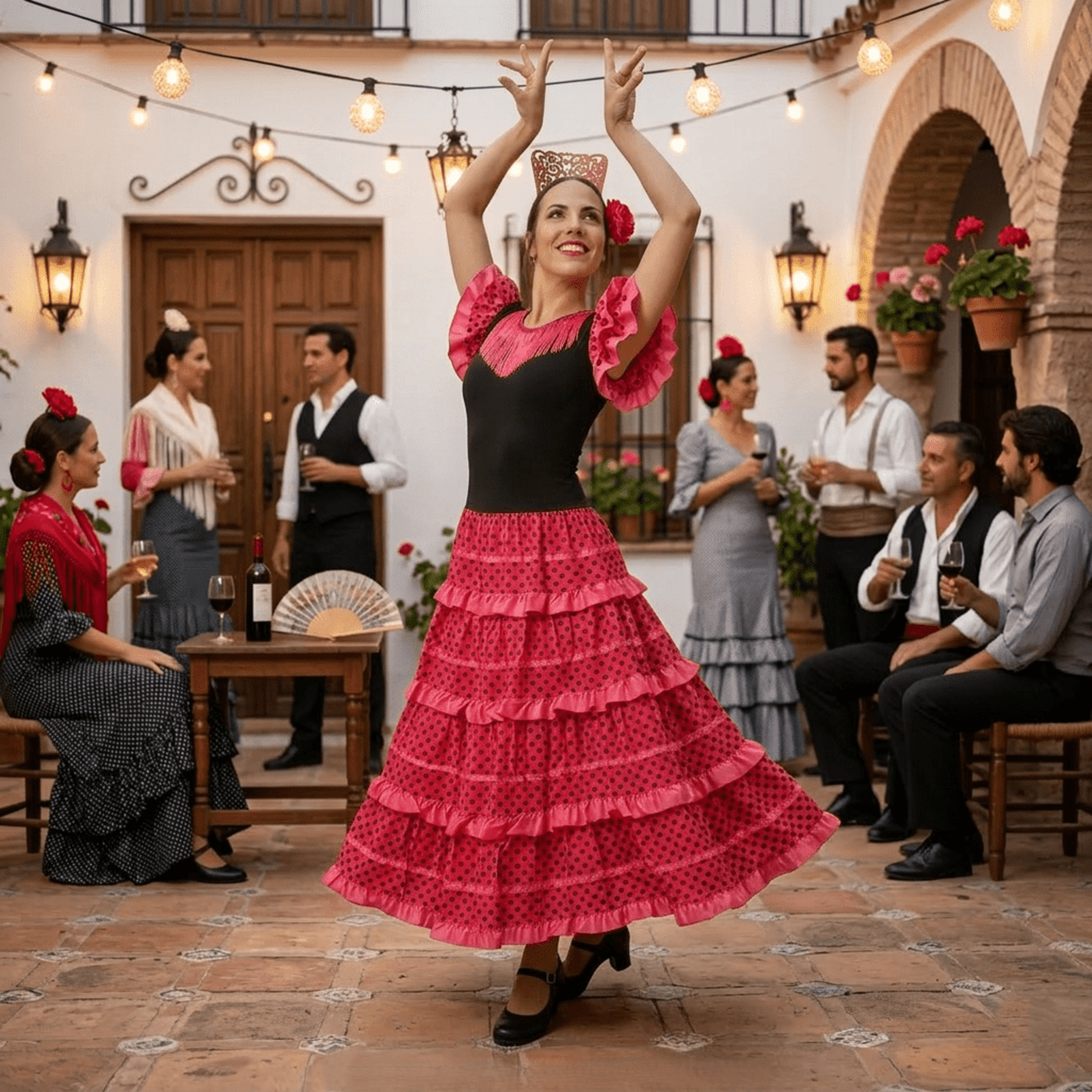Disfraz de Flamenca Sevillana Mujer Negro y Fucsia con Lunares | Vestido Español - 5