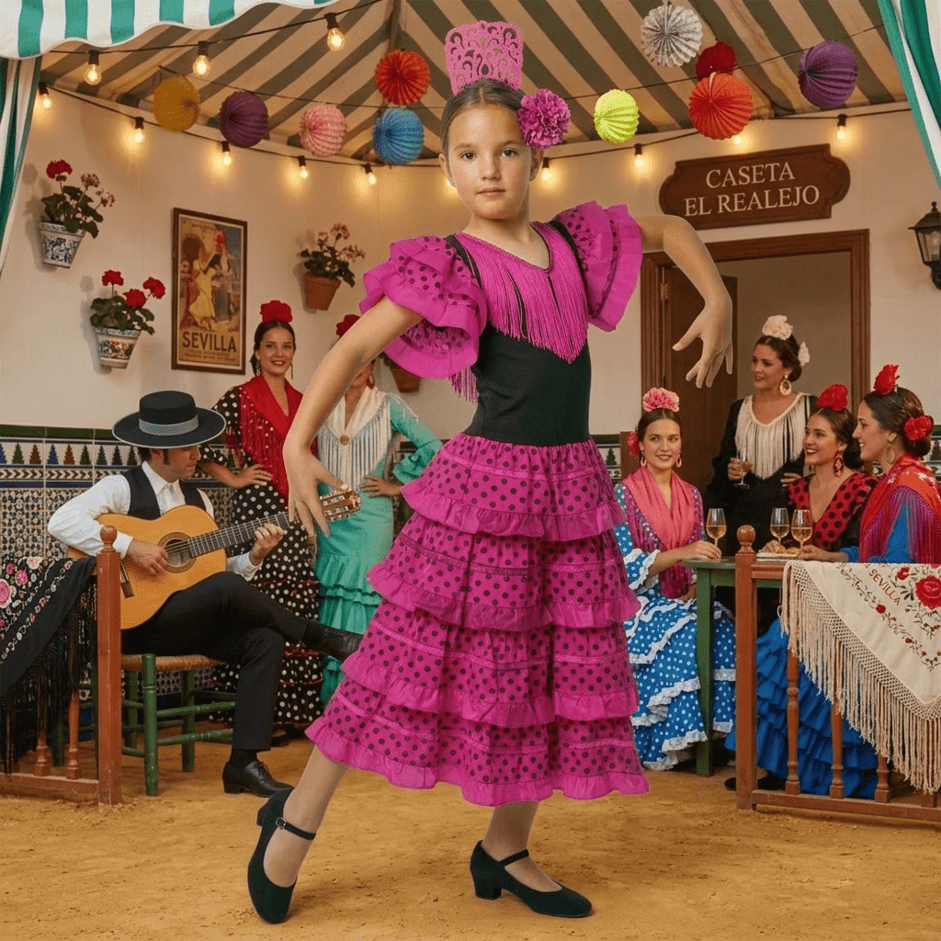 Vestido Flamenca Niña Fucsia y Negro - Traje de Sevillana con Flor y Peineta - 3