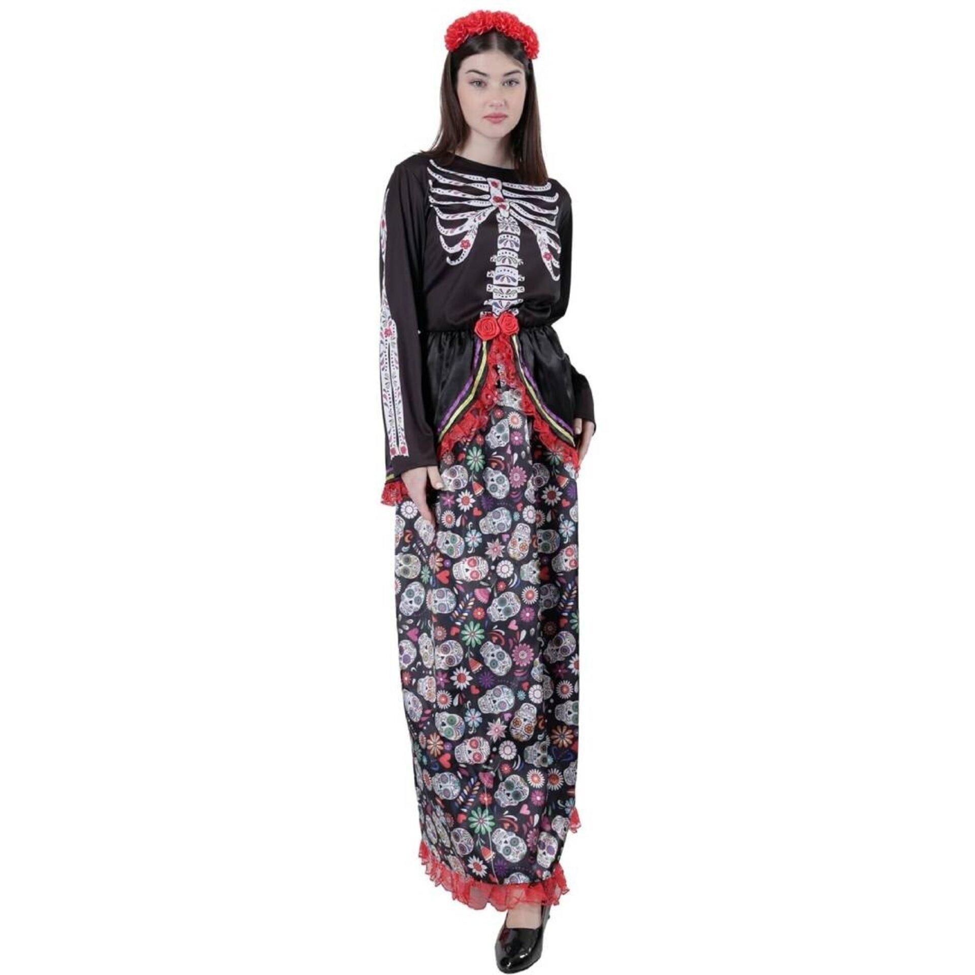 Disfraz de Catrina para Mujer Adulto - Vestido Largo Calaveras y Diadema de Flor - 6