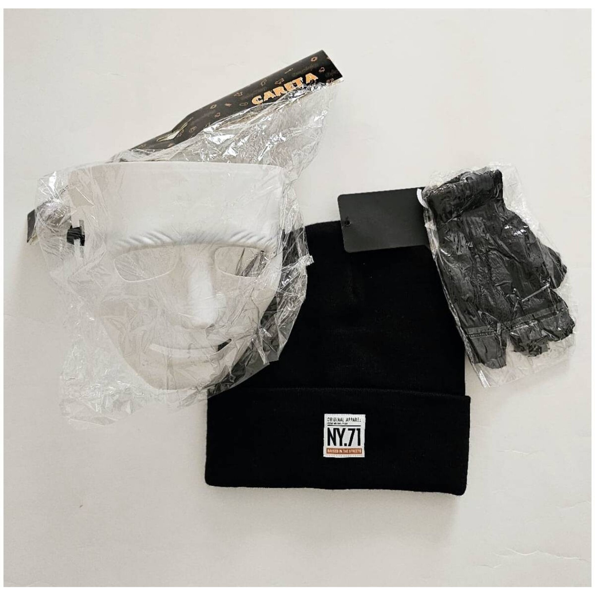 Set Disfraz Ladrón Hacker Hip Hop | Máscara Blanca, Gorro Negro, Guantes | - 10