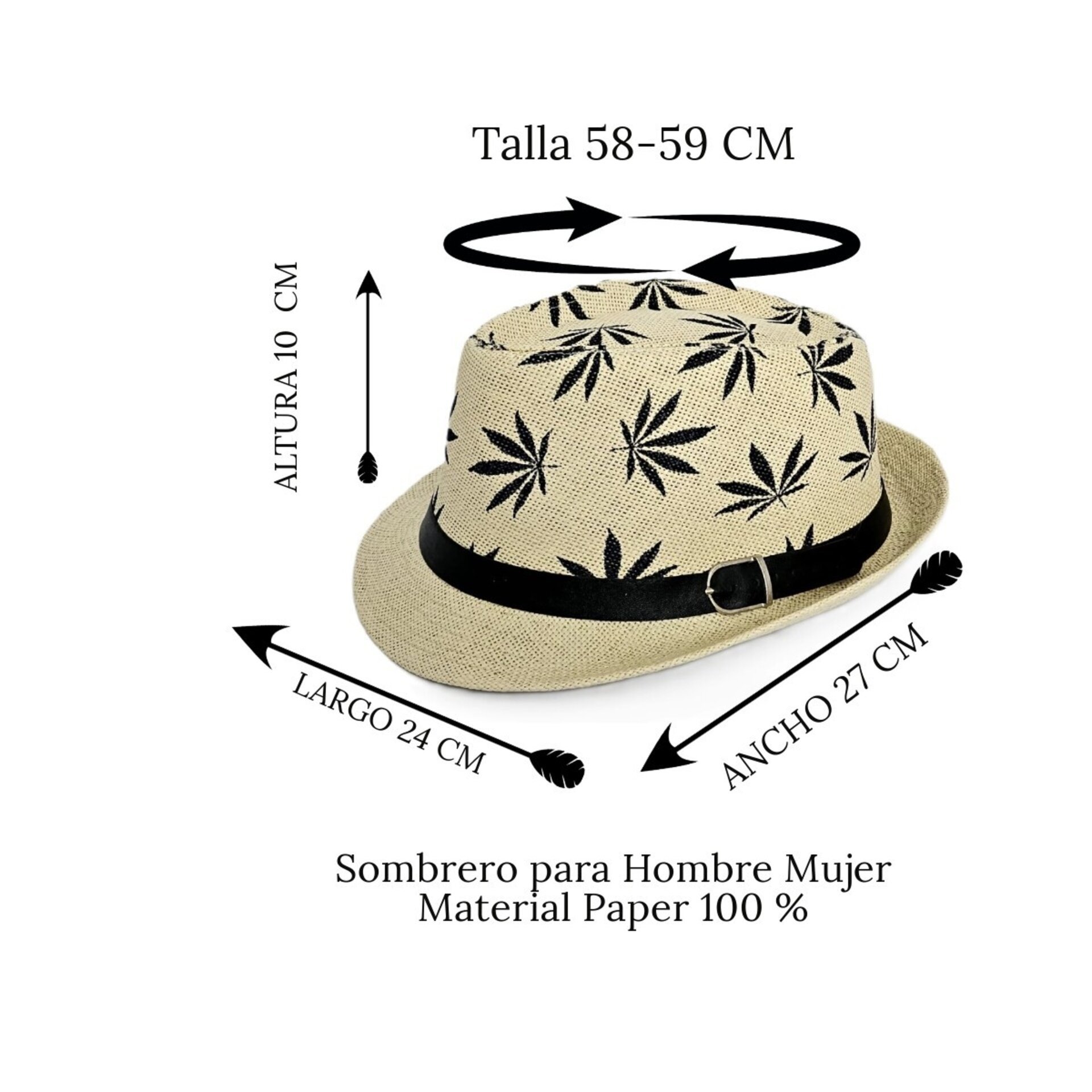 Sombrero Trilby Fedora Clásico Beige Gorro Estampado Paja de Papel Adulto M/L - 7