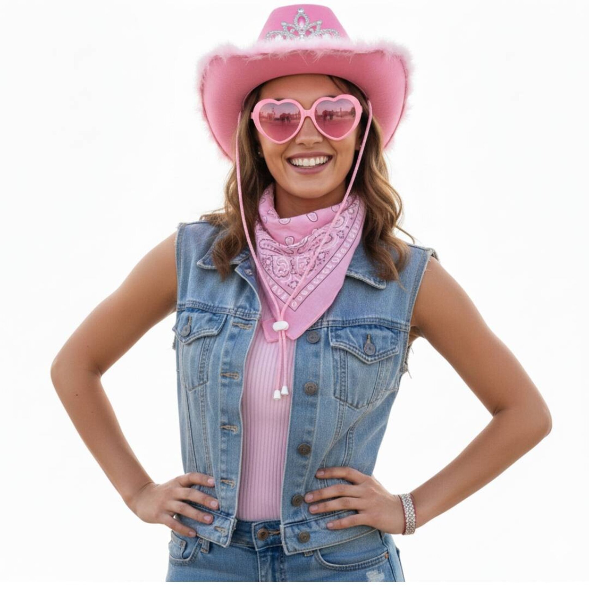 Pack 3 Piezas Disfraz Vaquera Rosa Mujer - Sombrero Cowgirl, Gafas y Bandana - 4