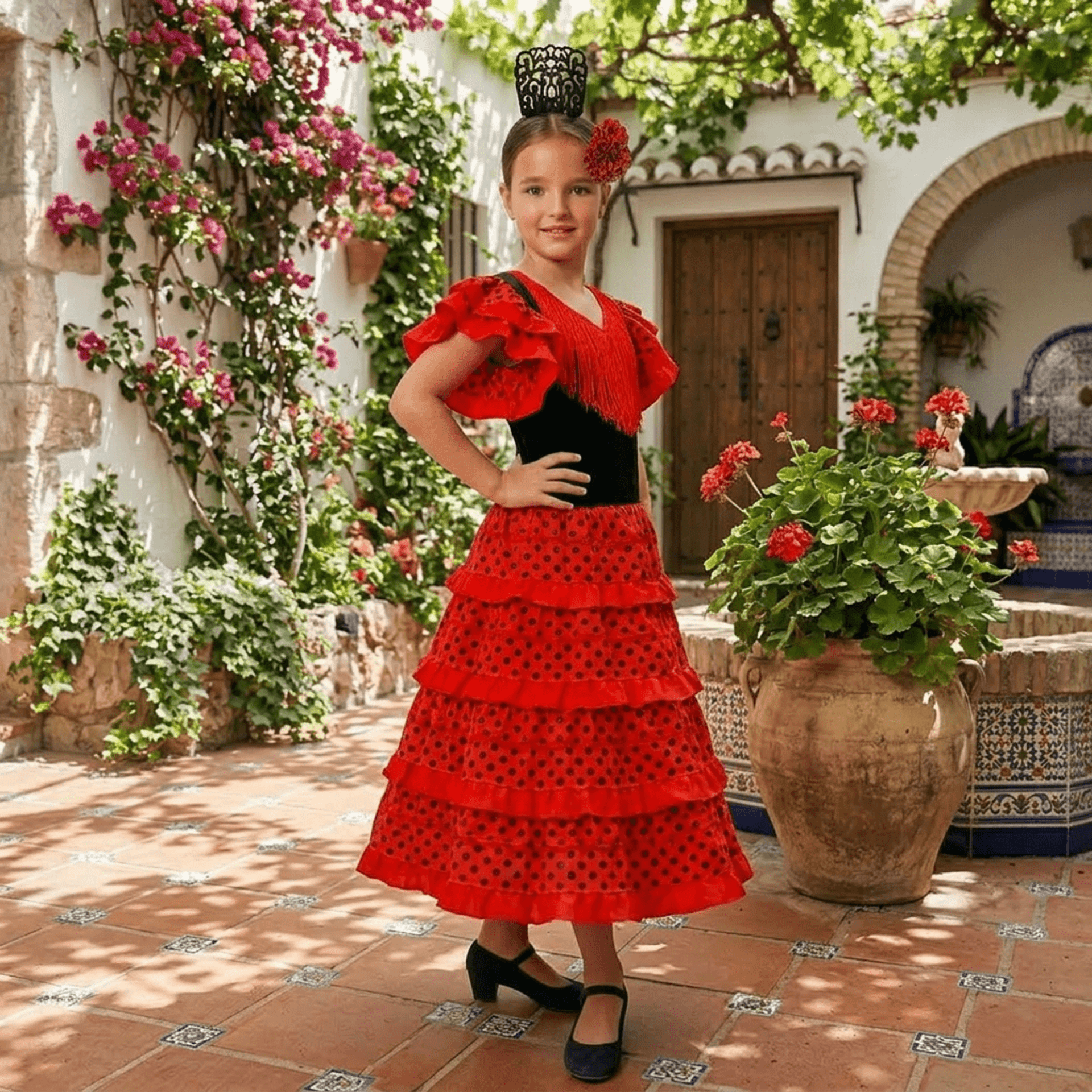 Disfraz de Flamenca para Niña - Vestido Sevillana con Volantes Rojos y Lunares - 4