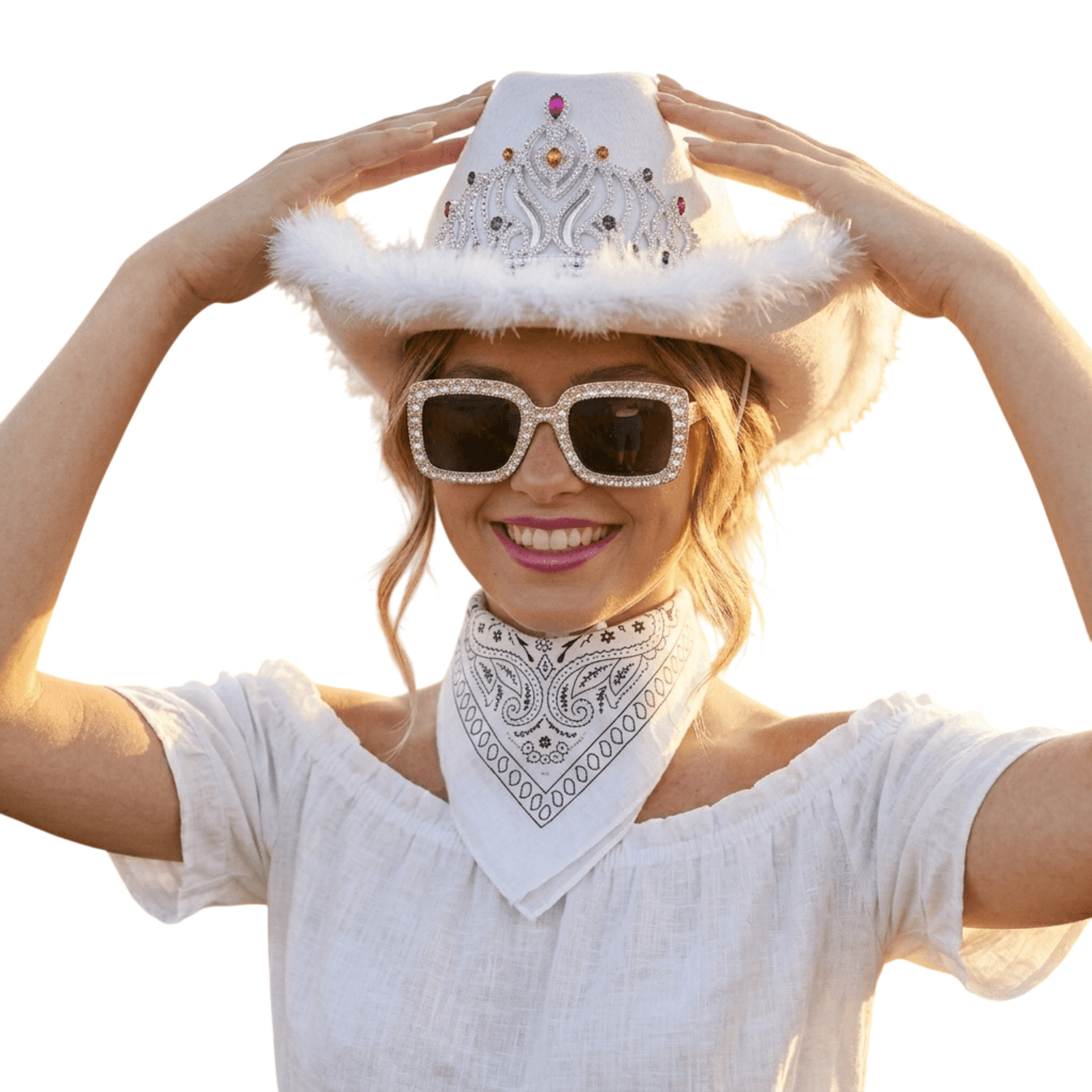 Set Vaquera Sombrero Cowgirl Blanca, Bandana Western y Gafas Fashion - 3