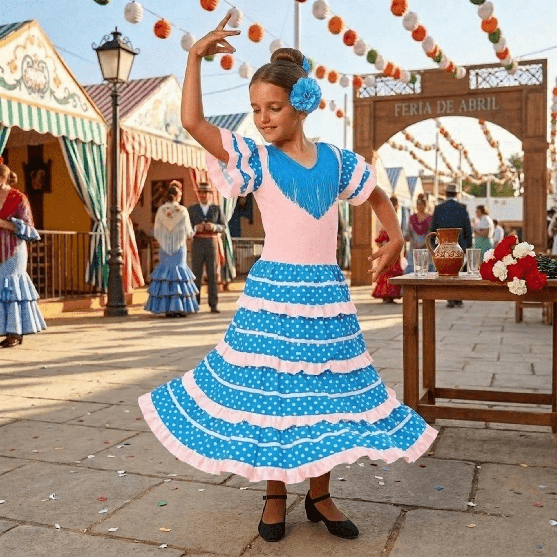 Traje de Flamenca Niña Azul y Blanco con Lunares | Vestido de Sevillana Infantil - 3