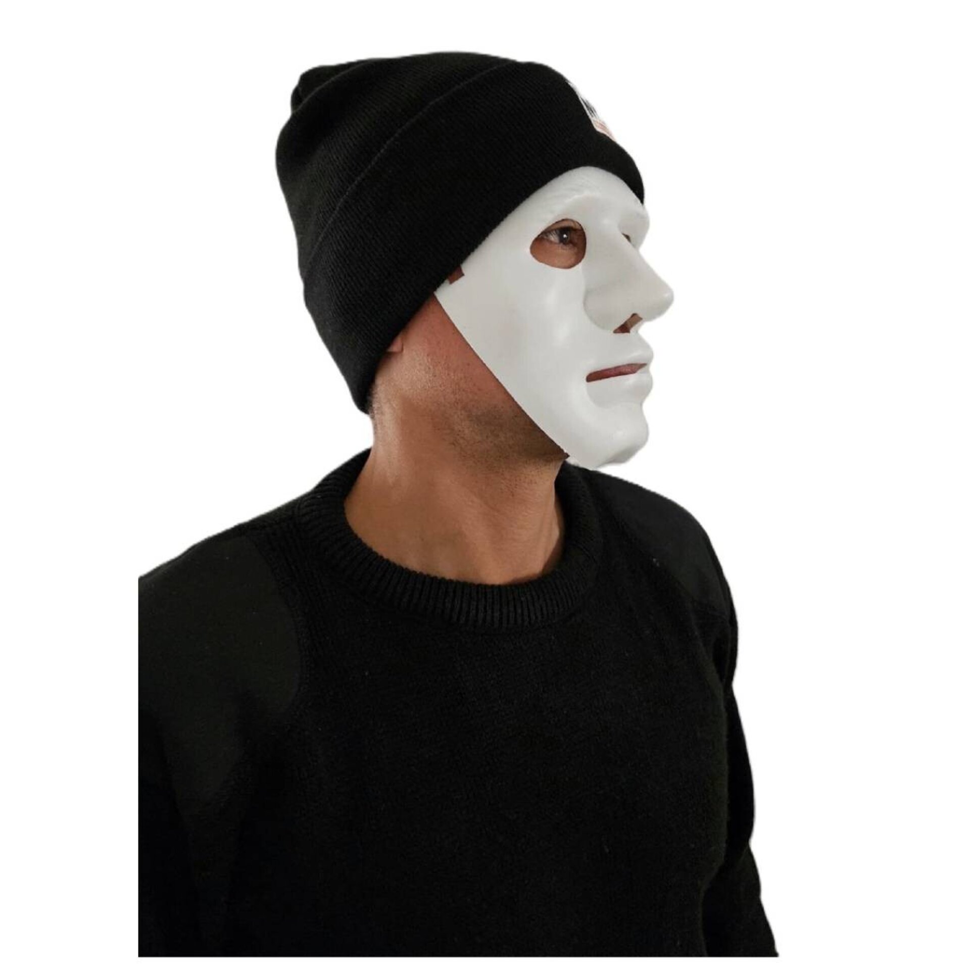 Set Disfraz Ladrón Hacker Hip Hop | Máscara Blanca, Gorro Negro, Guantes | - 8
