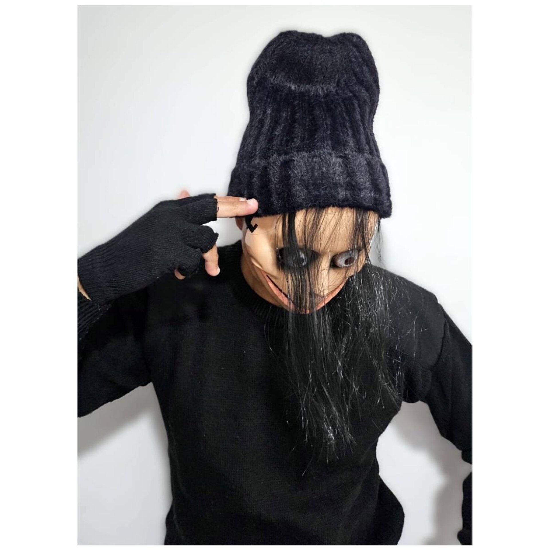 Máscara de Momo con pelo Guantes, Gorro Negro para Adulto - 11