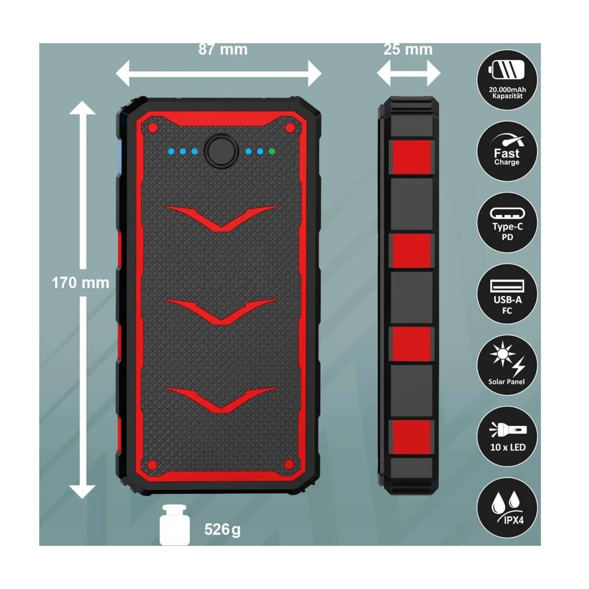 Cargador de Emergencia Solar Portátil USB PowerBank 20.000 mAh XORA - 4