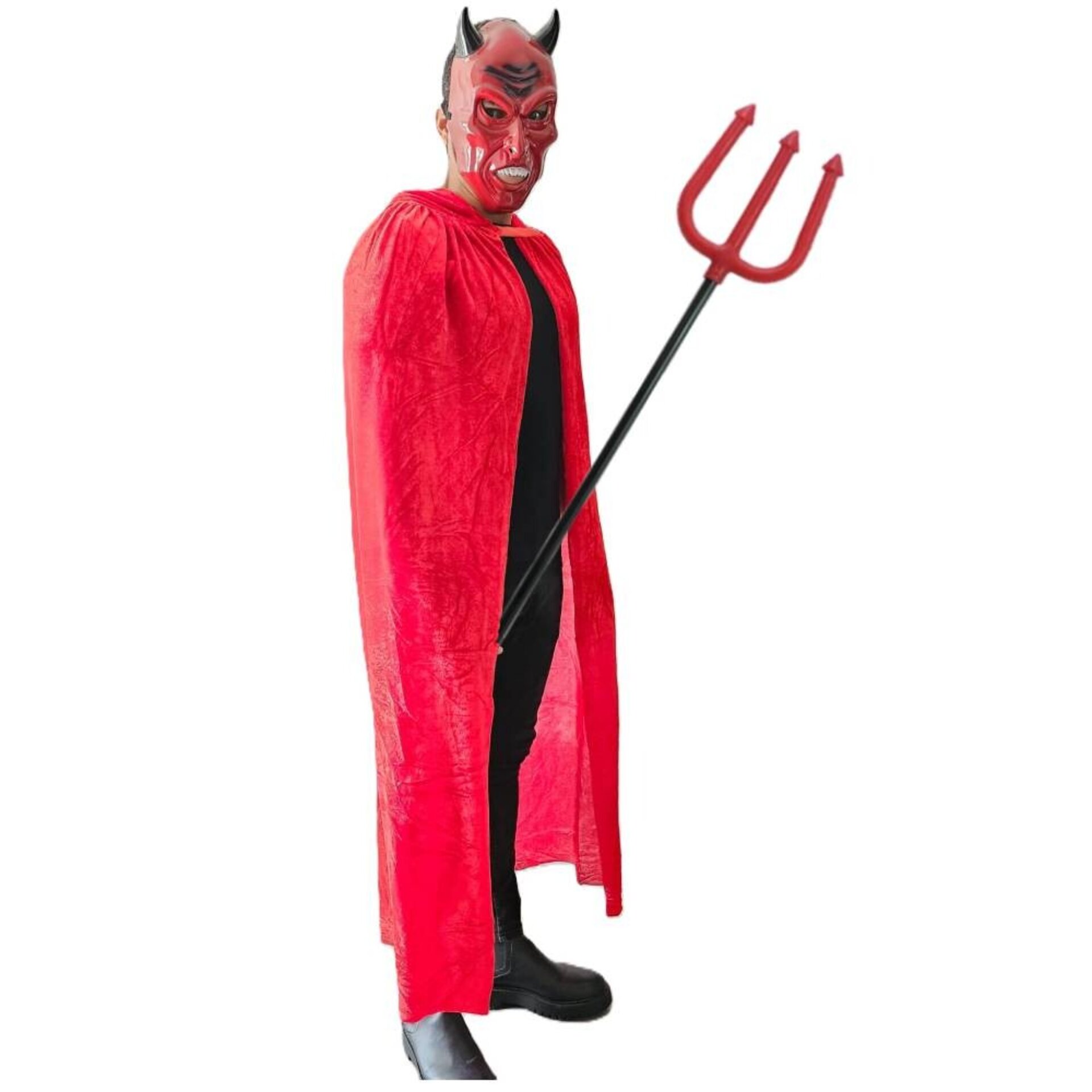 Disfraz Diablo Adulto | Capa Roja Satán Terciopelo + Tridente Máscara Demonio - 2