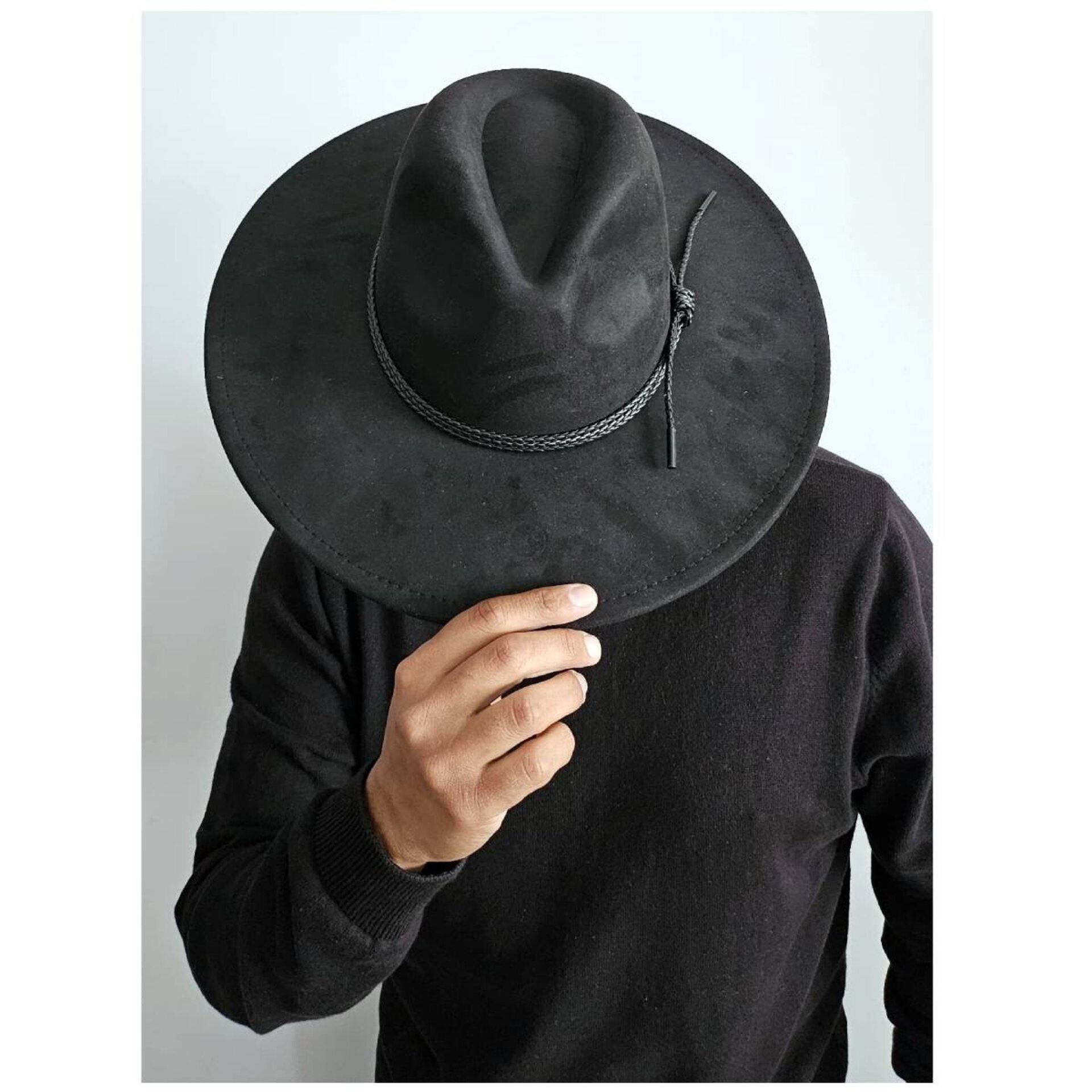 Sombrero de Ala Ancha Cowboy Elegante cinta Trenzada Adulto Unisex Negro - 8