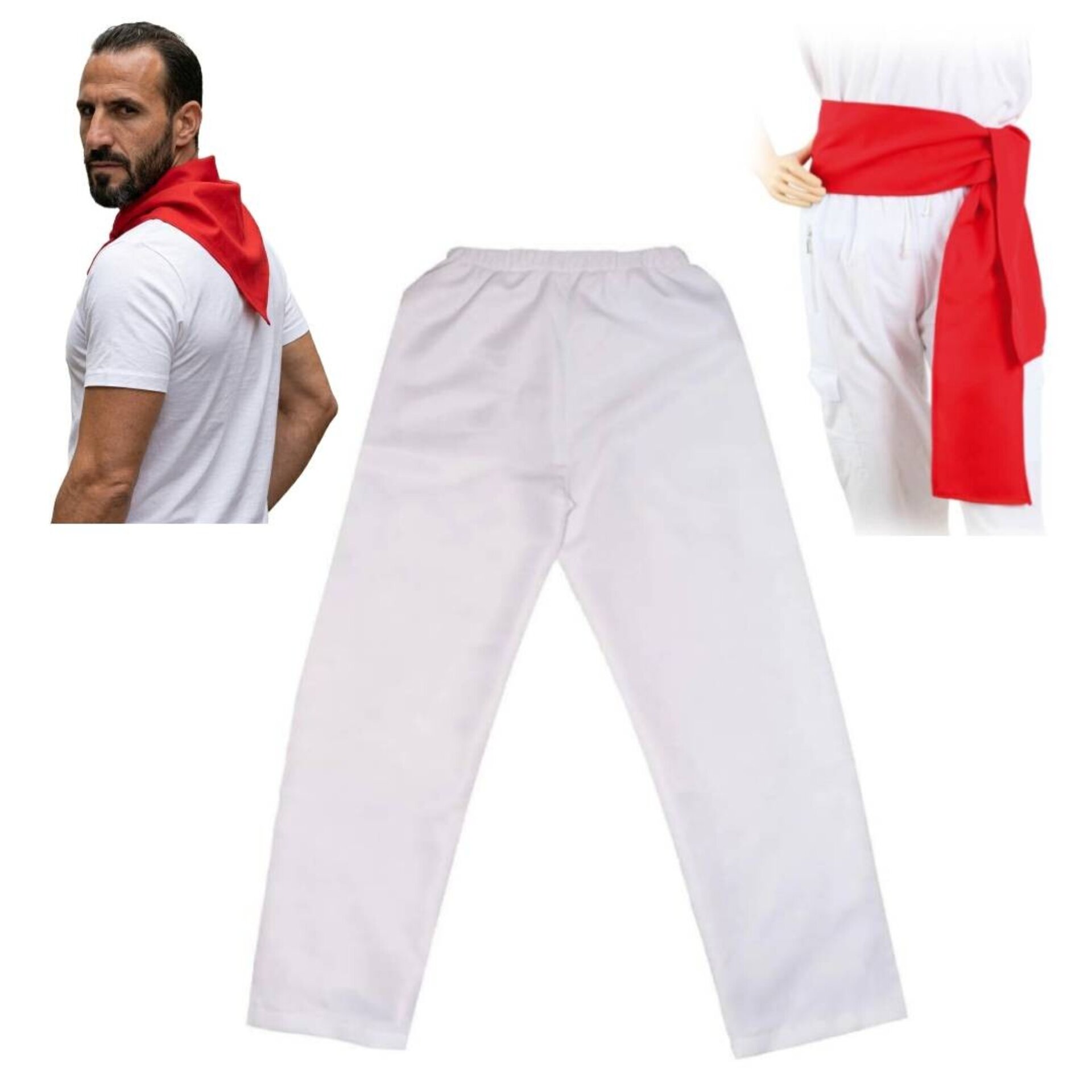 Traje San Fermín Adulto: Pantalón Blanco Ajustable + Faja Roja (200cm) + Pañuelo - 6