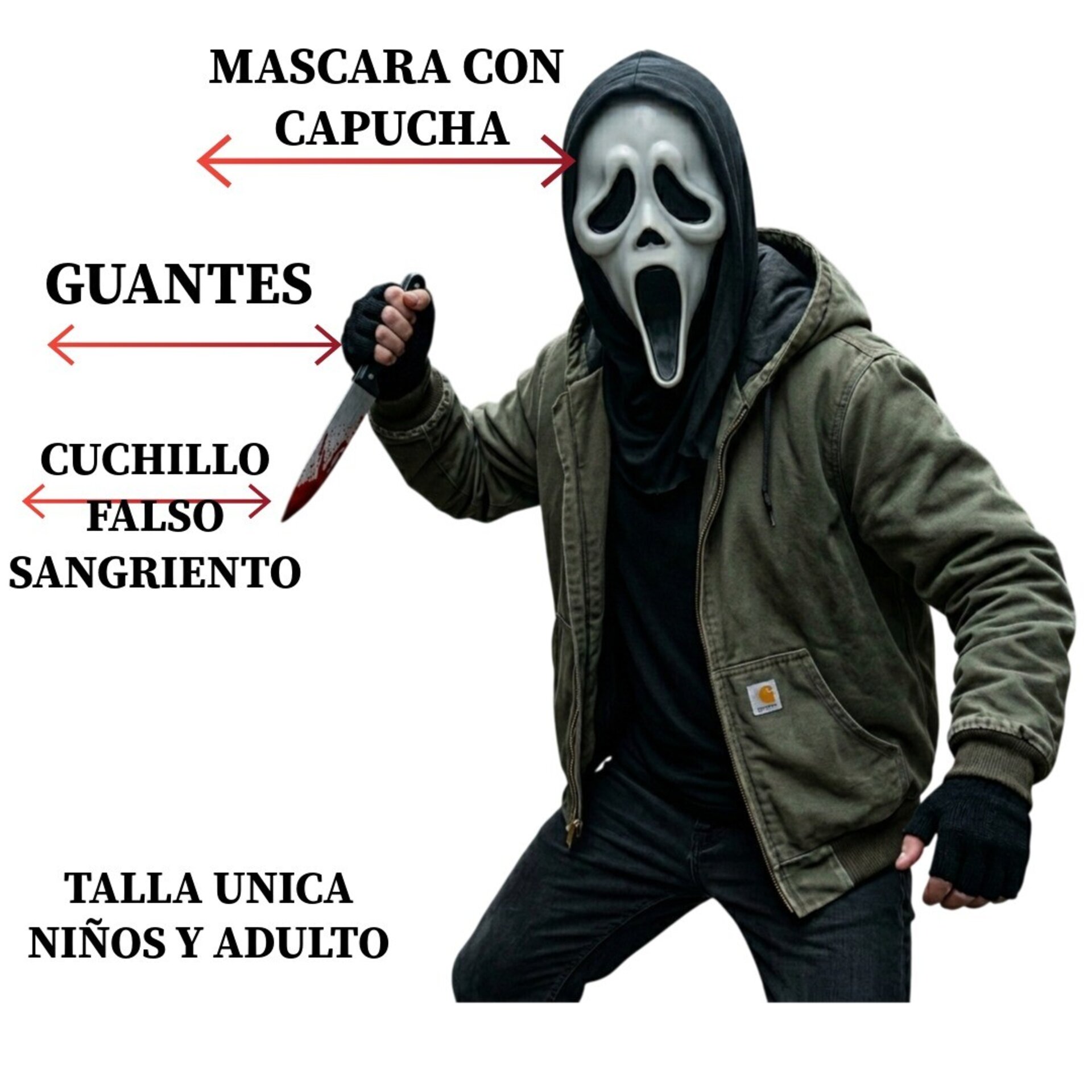 Disfraz Scream Fantasma - Máscara con Capucha, Guantes, Cuchillo Sangriento - 2