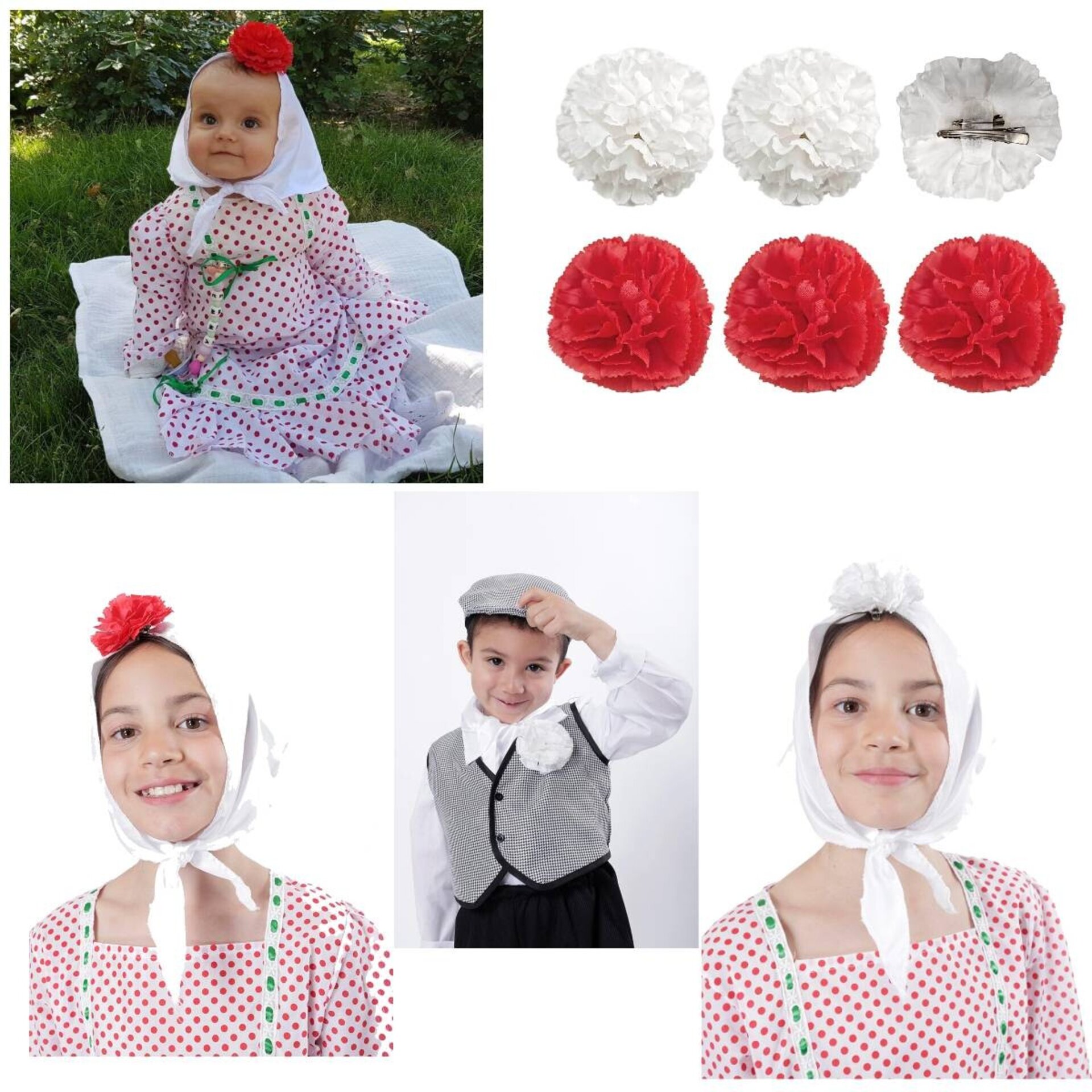 Flor Flamenca Clavel Rojo Blanco Accesorio para el pelo chulapa Chulapo y Bodas - 8