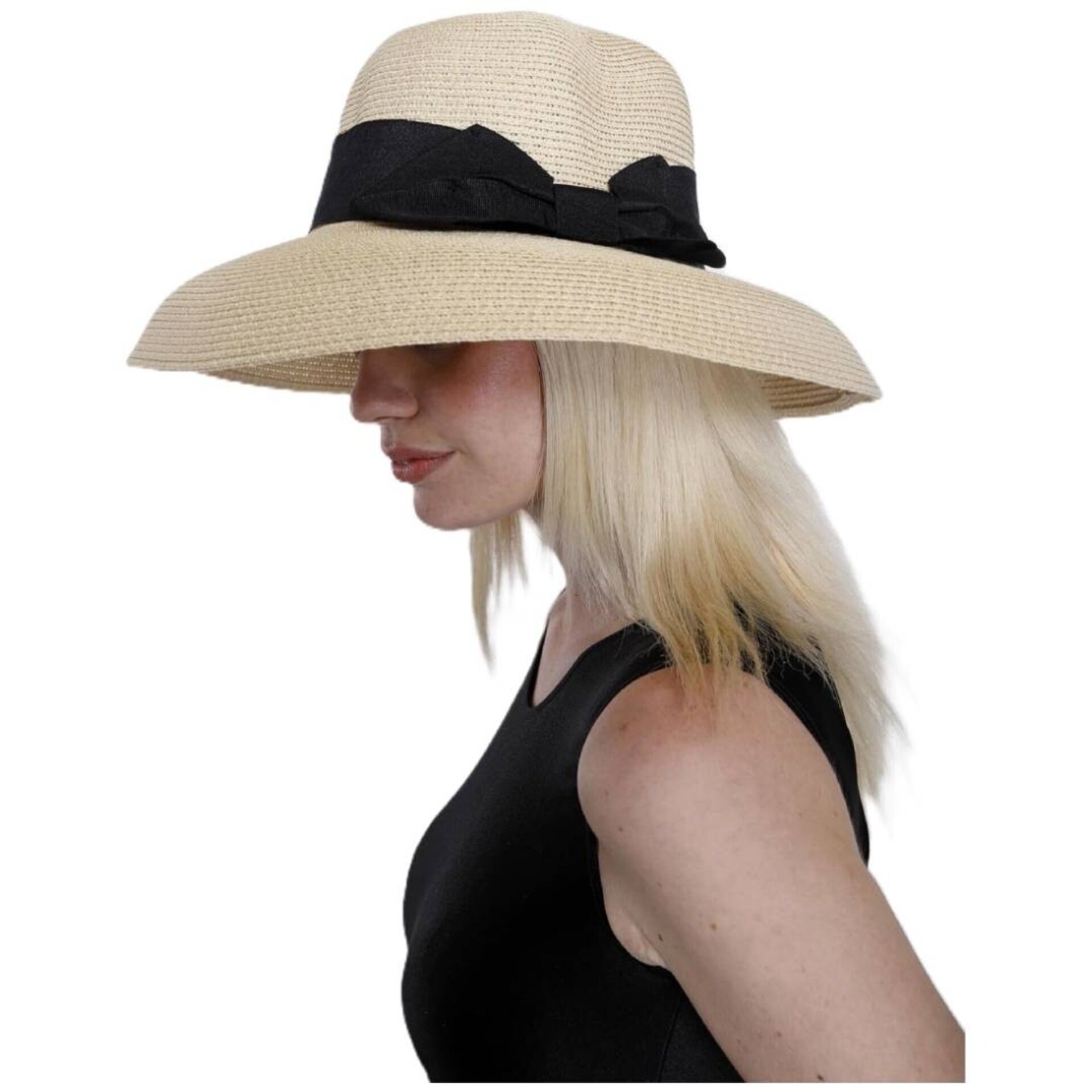 Sombrero Paja Mujer | Beige Cordón Ajustable | Fedora Casual Playa Viaje Fiesta - 2