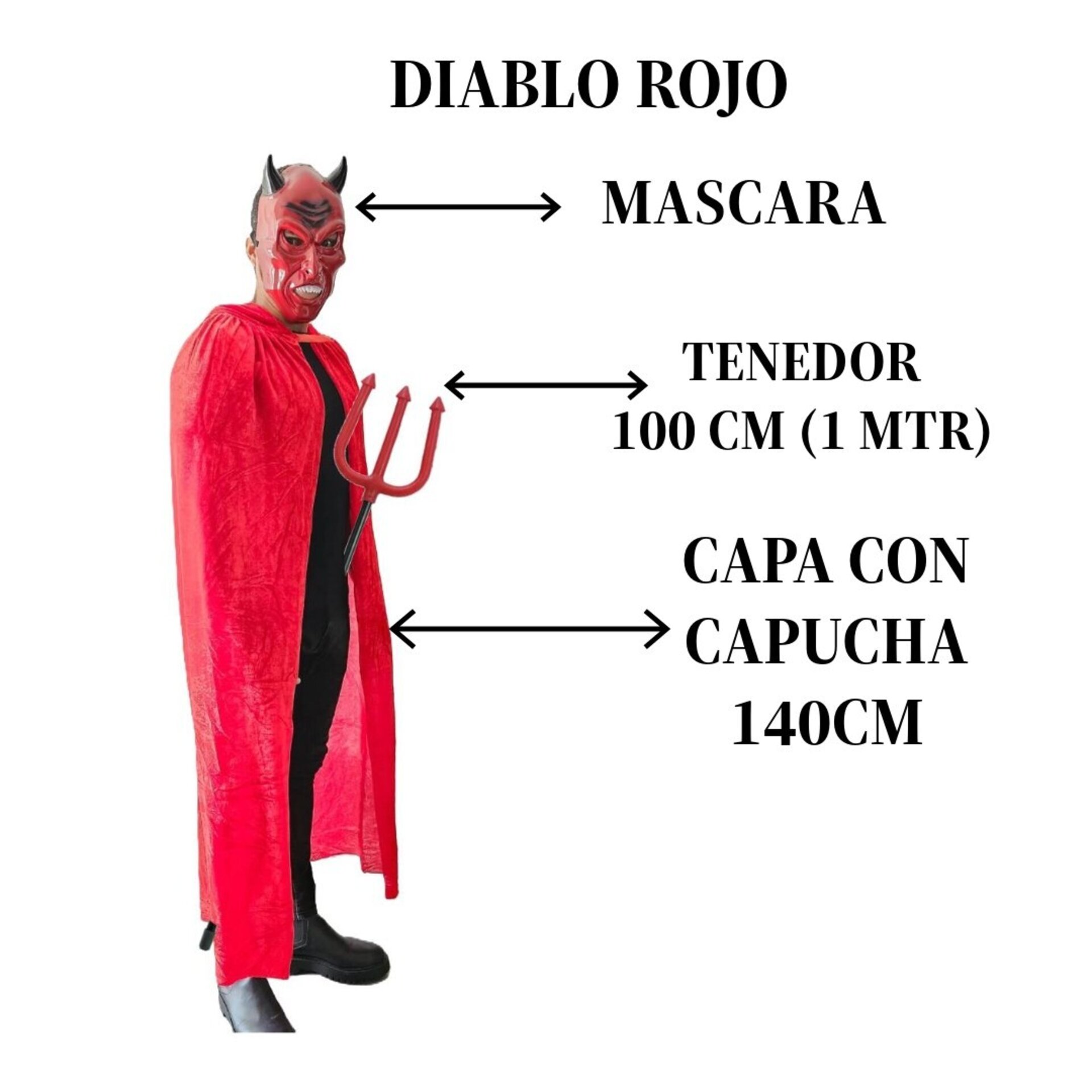 Disfraz Diablo Adulto | Capa Roja Satán Terciopelo + Tridente Máscara Demonio - 12