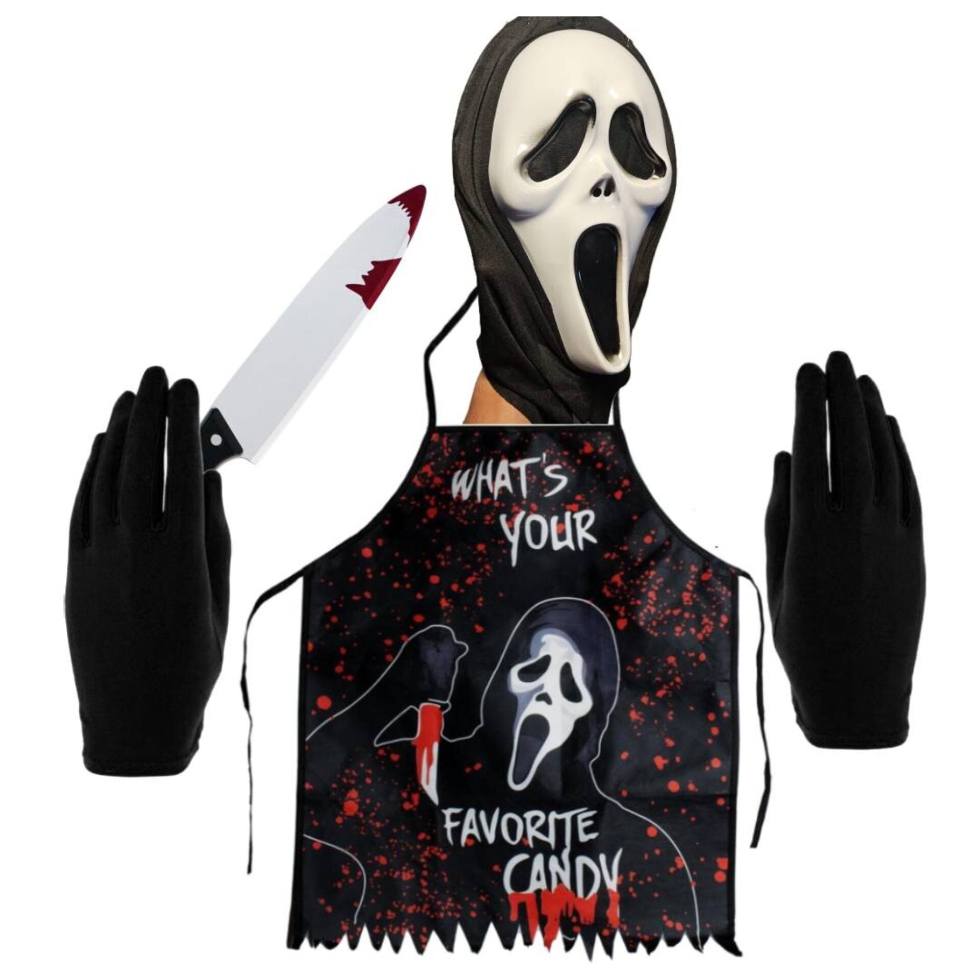 Mascara Scream, Delantal, Cuchillo Sangriento y Guantes - Talla única Adulto - 1