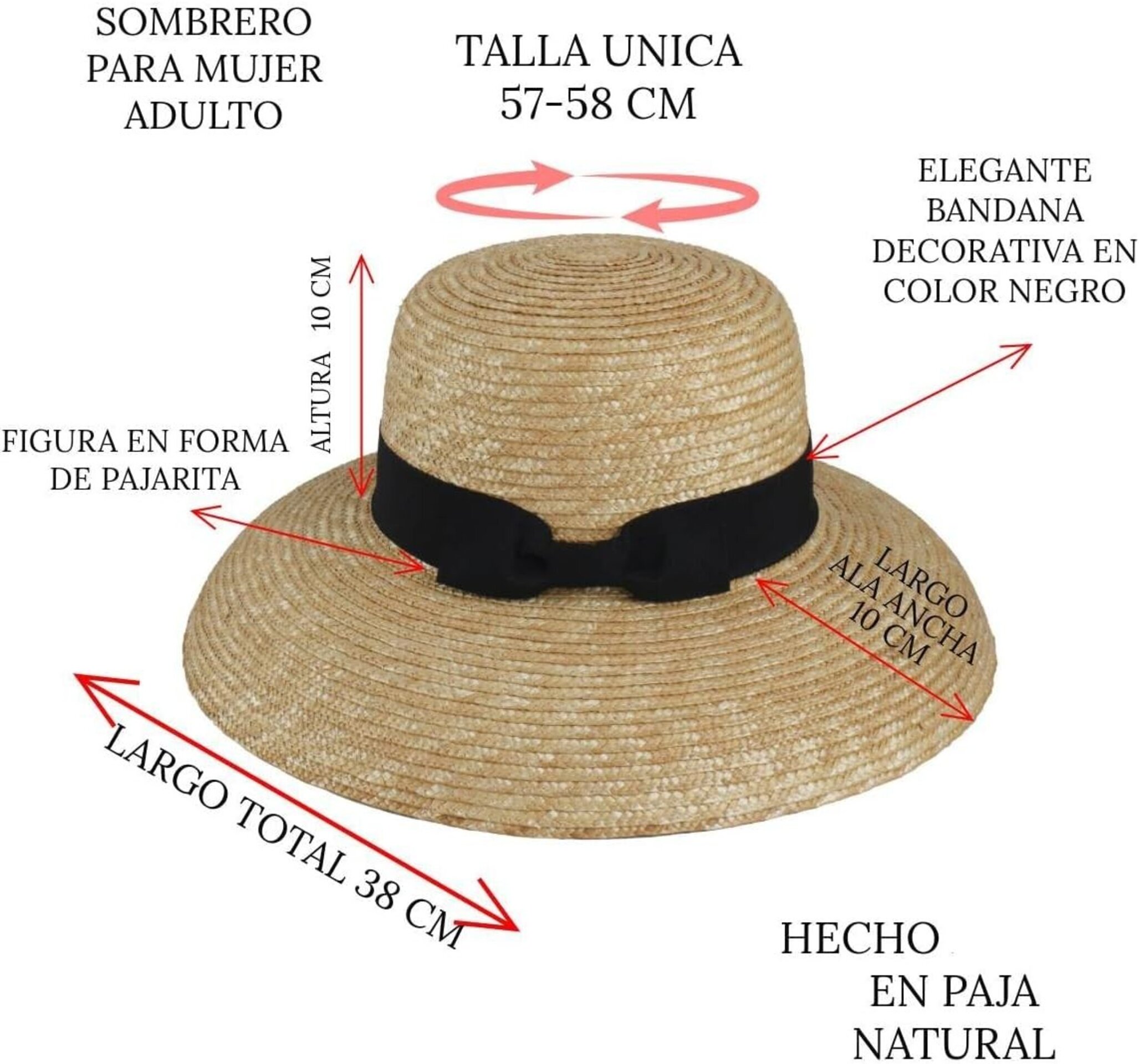 Sombrero Mujer Verano, Sombrero de Paja Natural Original Grande de ala Ancha - 7