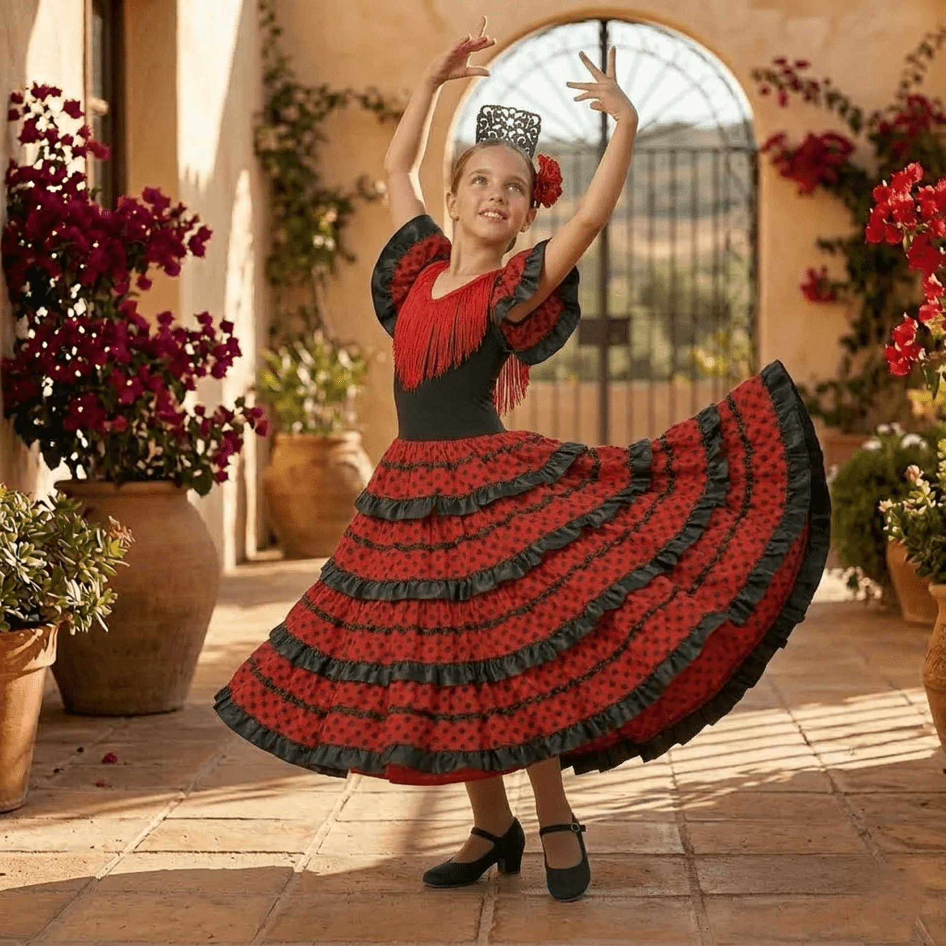 Disfraz Flamenca Niña Vestido Sevillana con Volantes y Lunares con Peine y Flor - 2