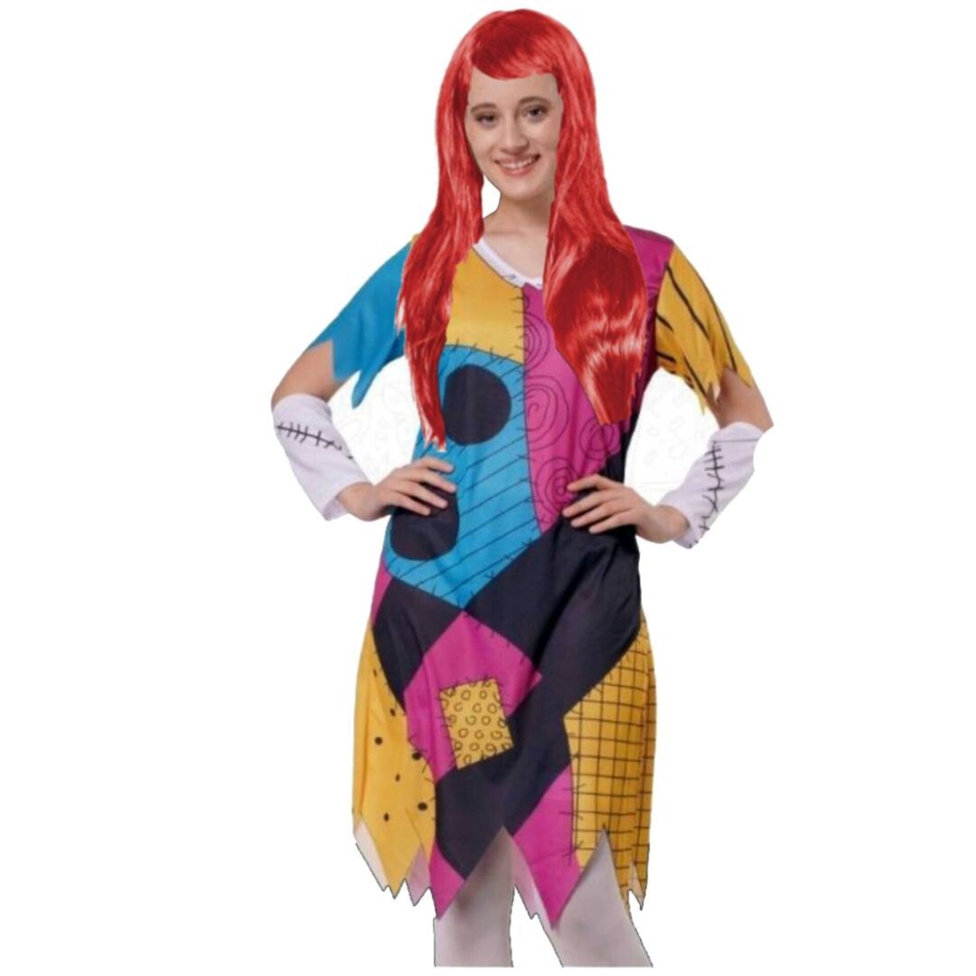 Disfraz Sally Muñeca Remendada Mujer Pesadilla Vestido Patchwork con Peluca Roja - 1