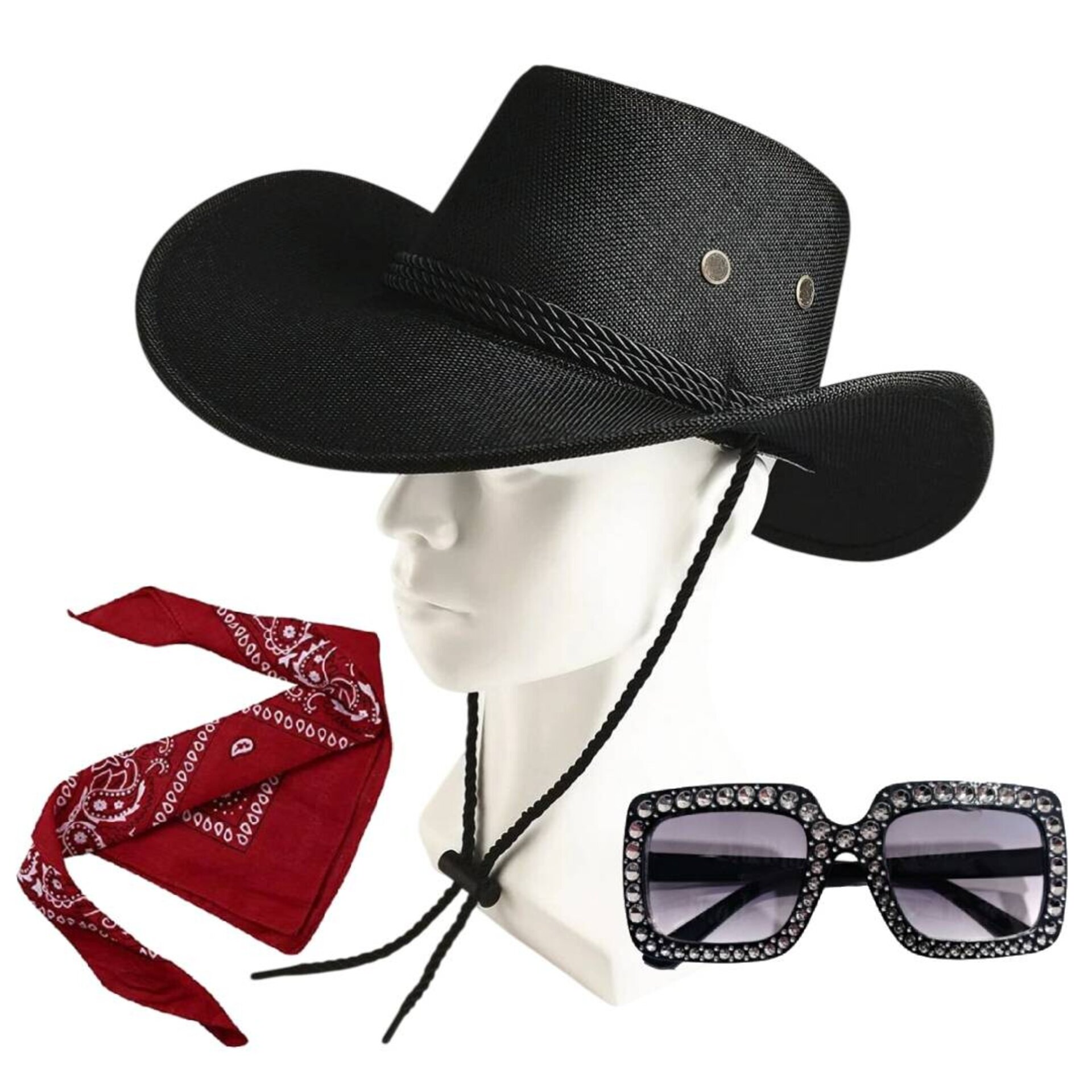 Pack Cowboy Premium Unisex - Sombrero Vaquero Ajustable, Gafas de sol y Bandana - 15