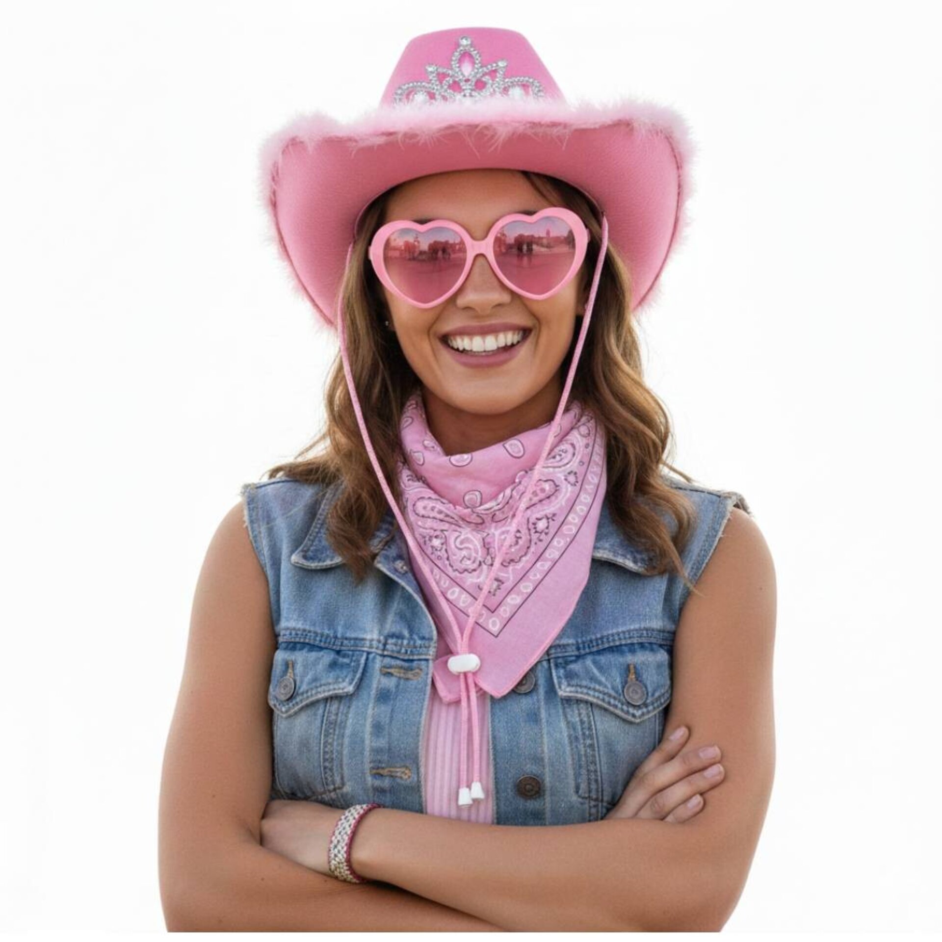 Pack 3 Piezas Disfraz Vaquera Rosa Mujer - Sombrero Cowgirl, Gafas y Bandana - 2
