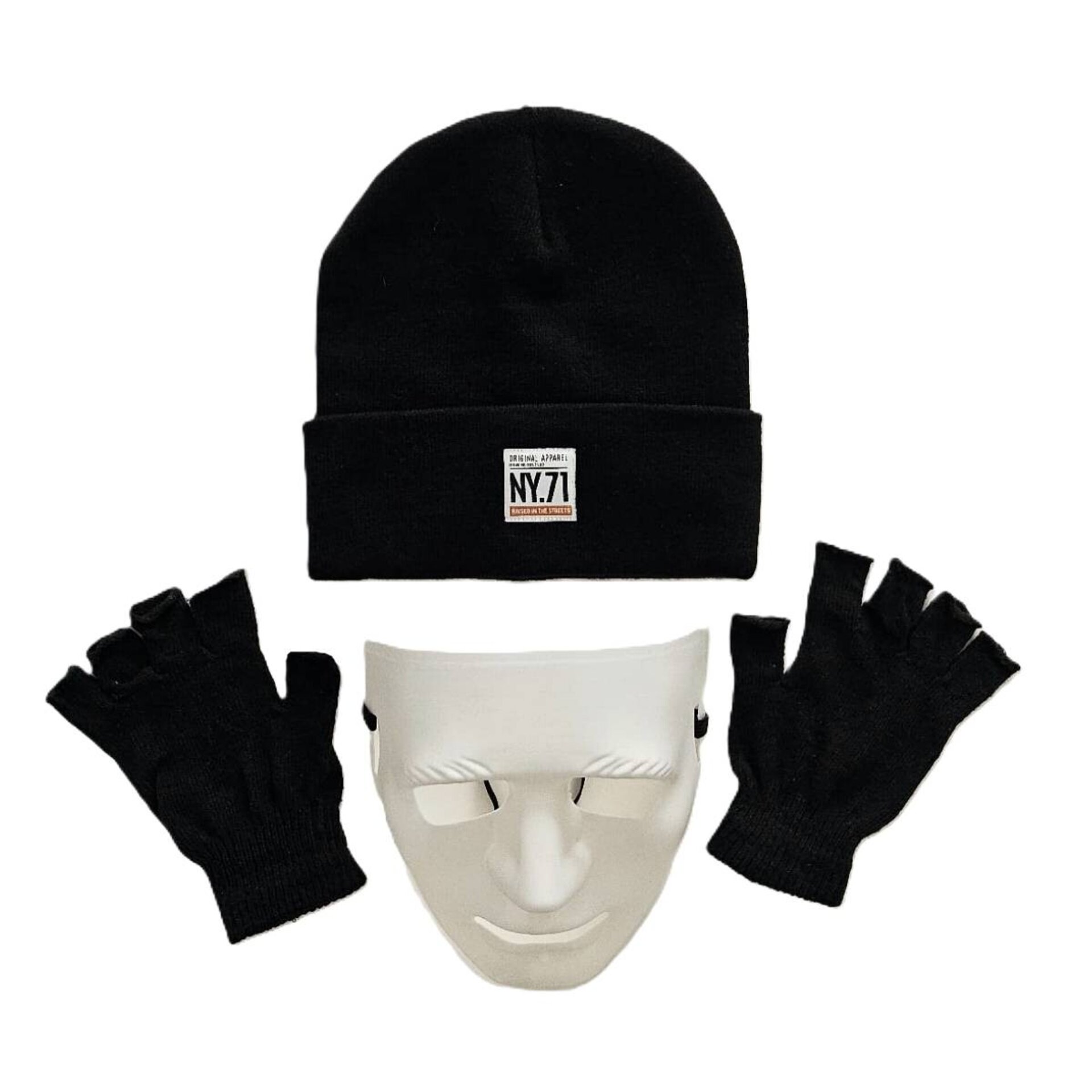Set Disfraz Ladrón Hacker Hip Hop | Máscara Blanca, Gorro Negro, Guantes | - 6