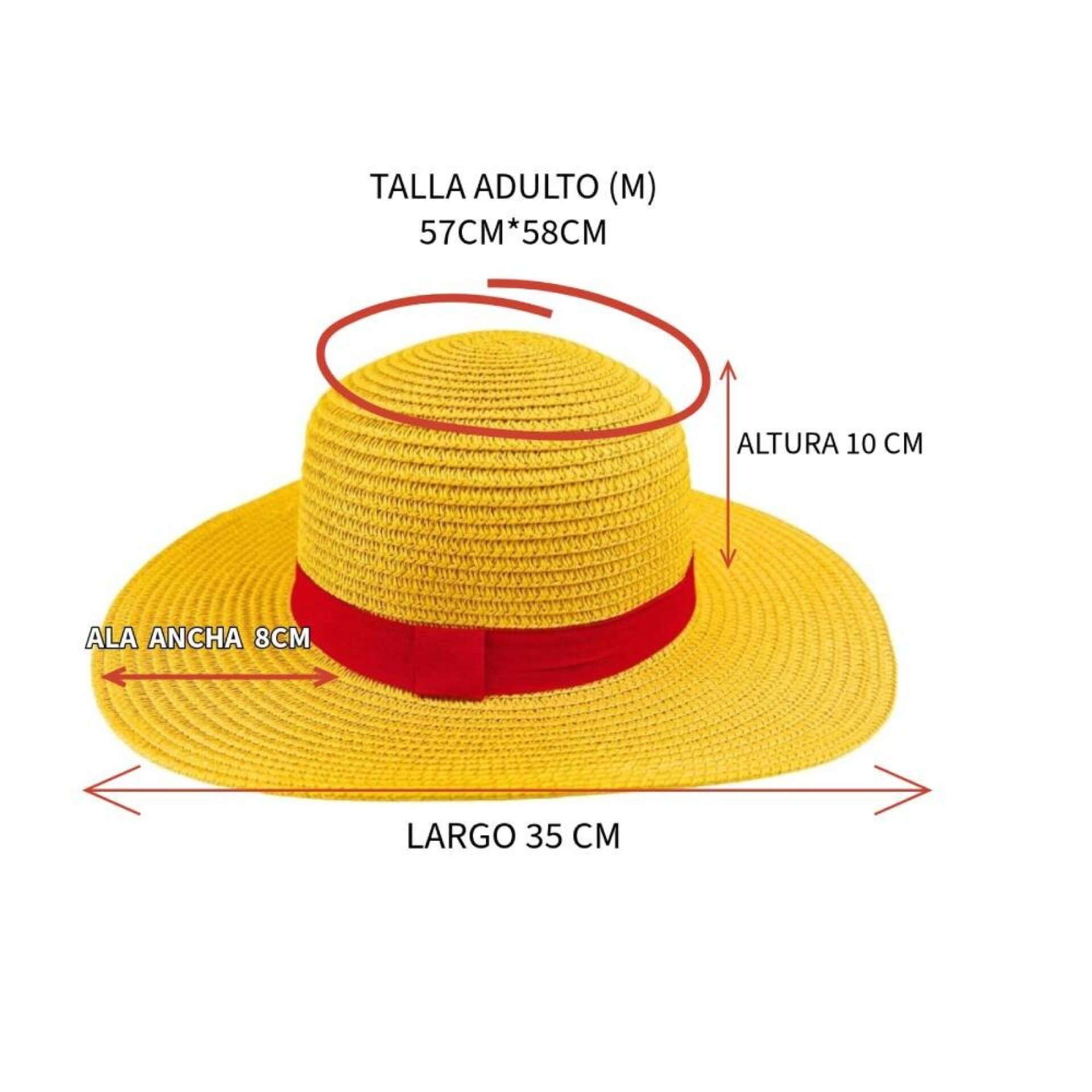 Sombrero Paja Amarillo Adulto | Cinta Roja Monkey D. Luffy |Carnaval Halloween - 3