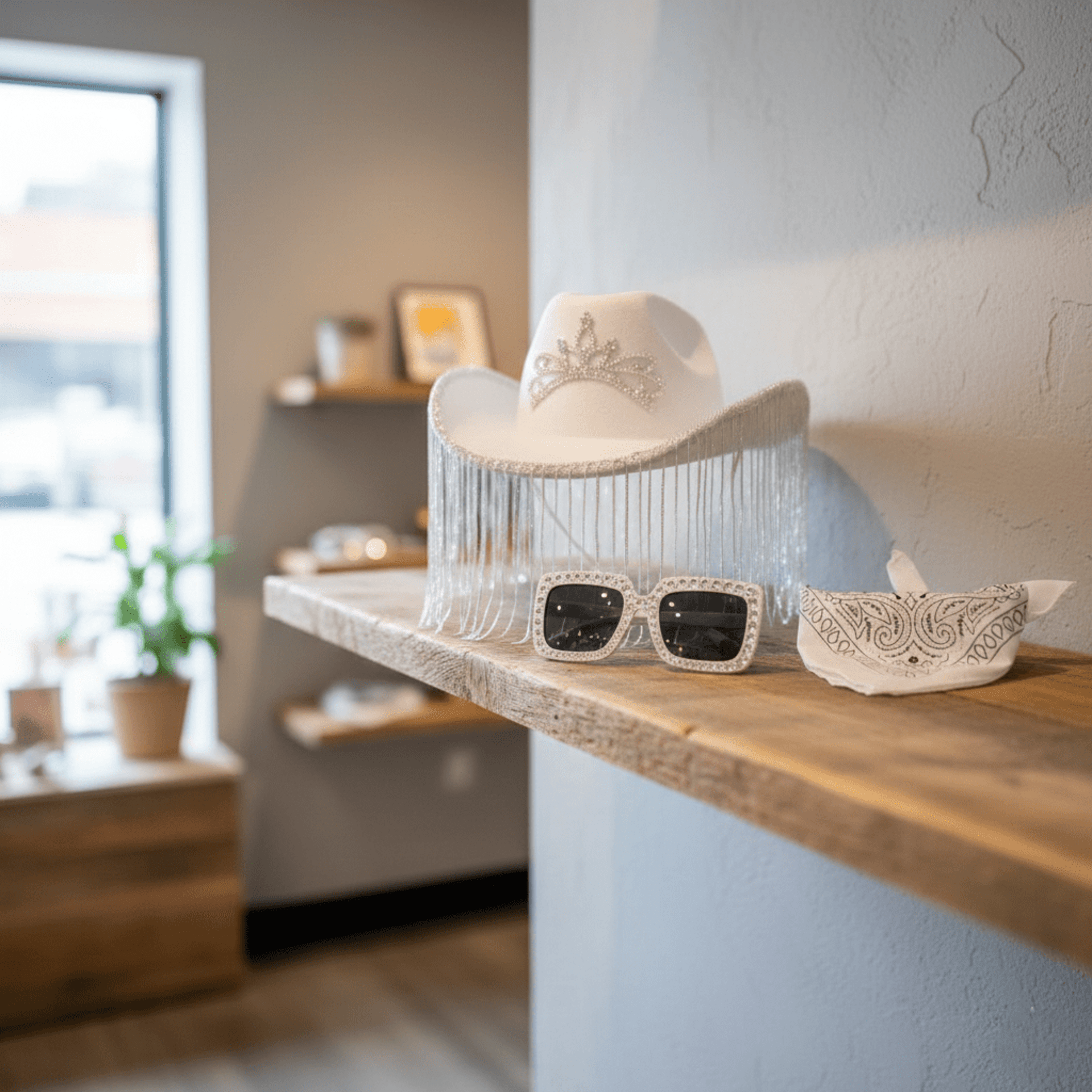 Pack Disfraz Vaquera Blanca, Sombrero Cowgirl con Flecos, Gafas y Bandana - 6