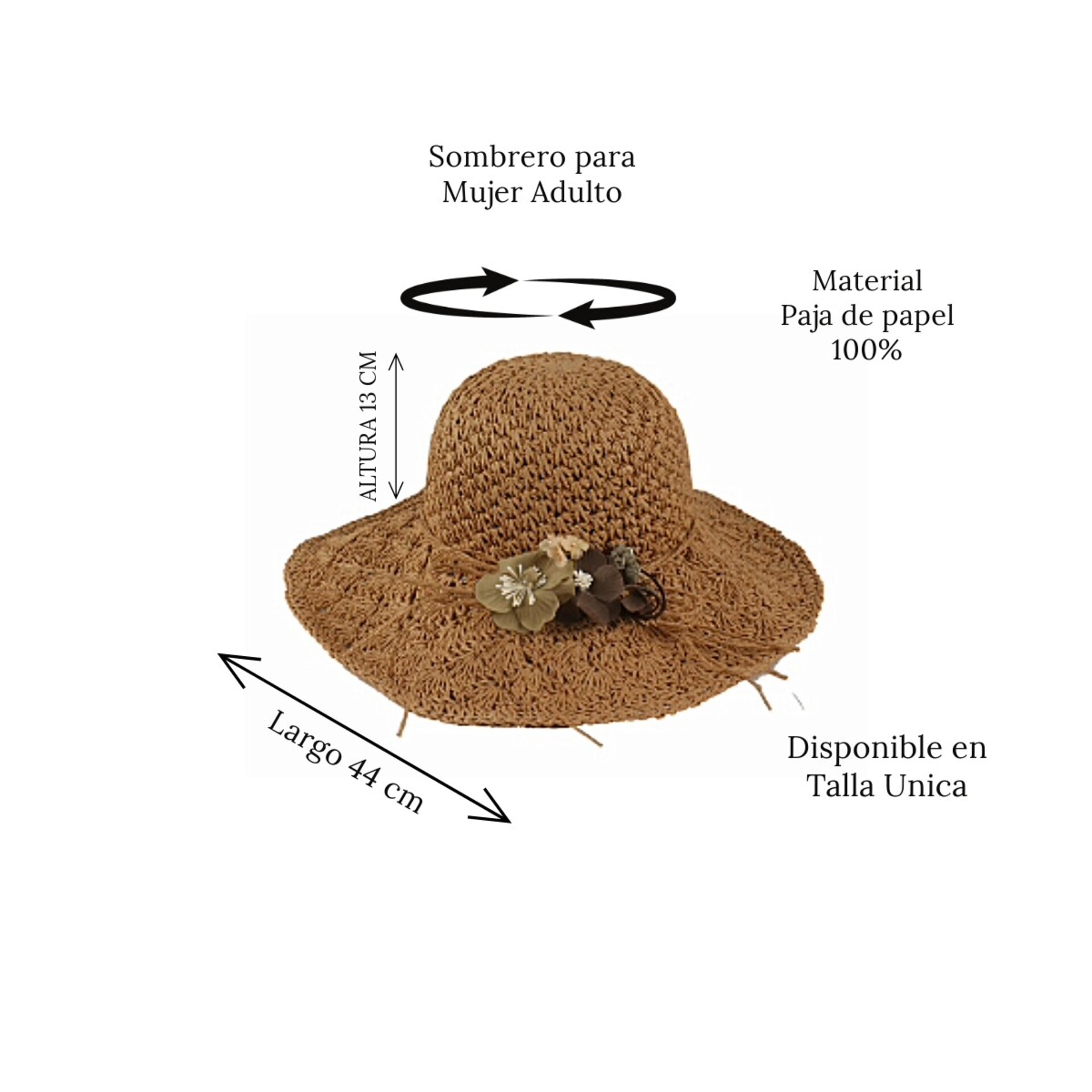 Sombrero Mujer Verano Gorro para el Sol de ala Ancha Grande Sombrero Paja Marrón - 6