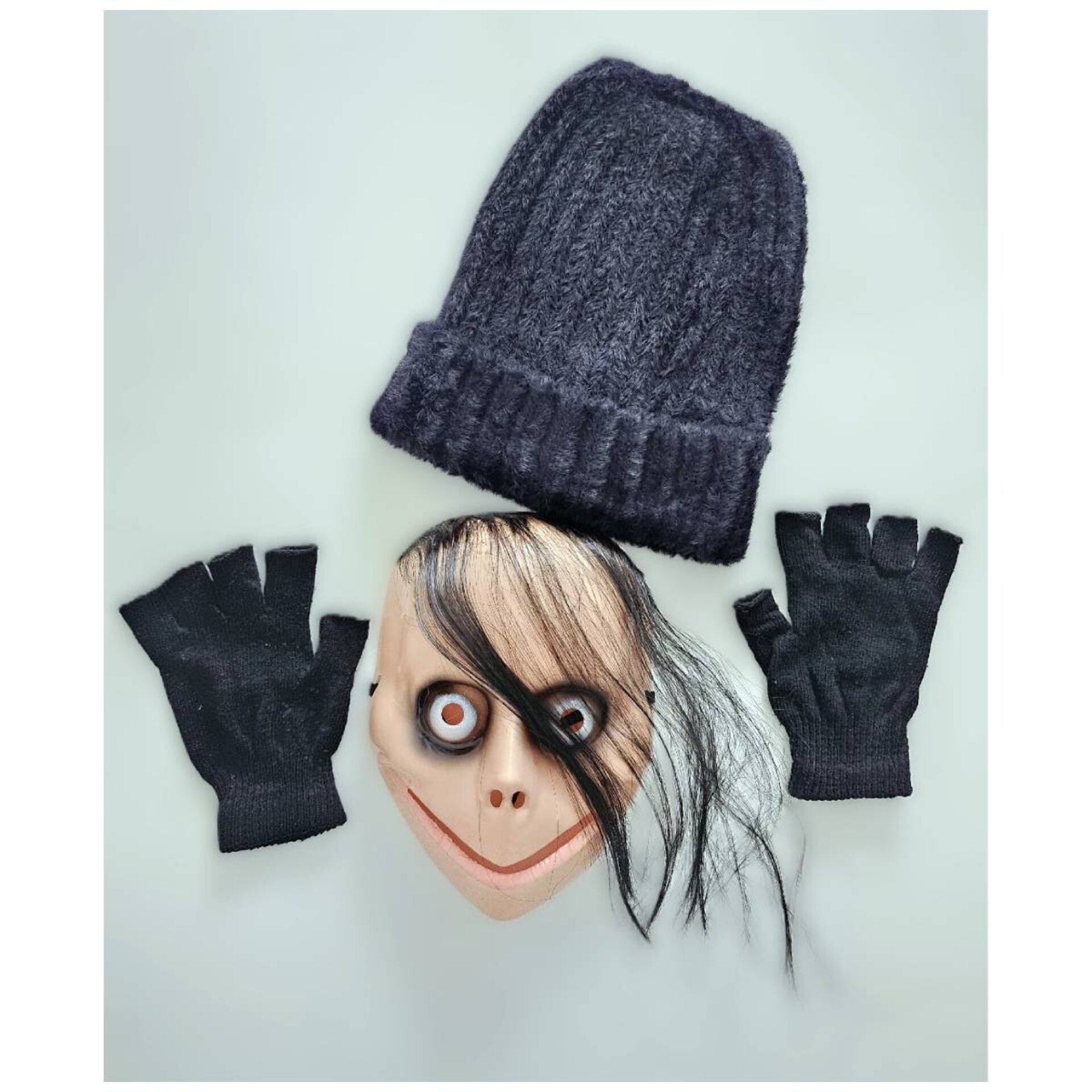 Máscara de Momo con pelo Guantes, Gorro Negro para Adulto - 4