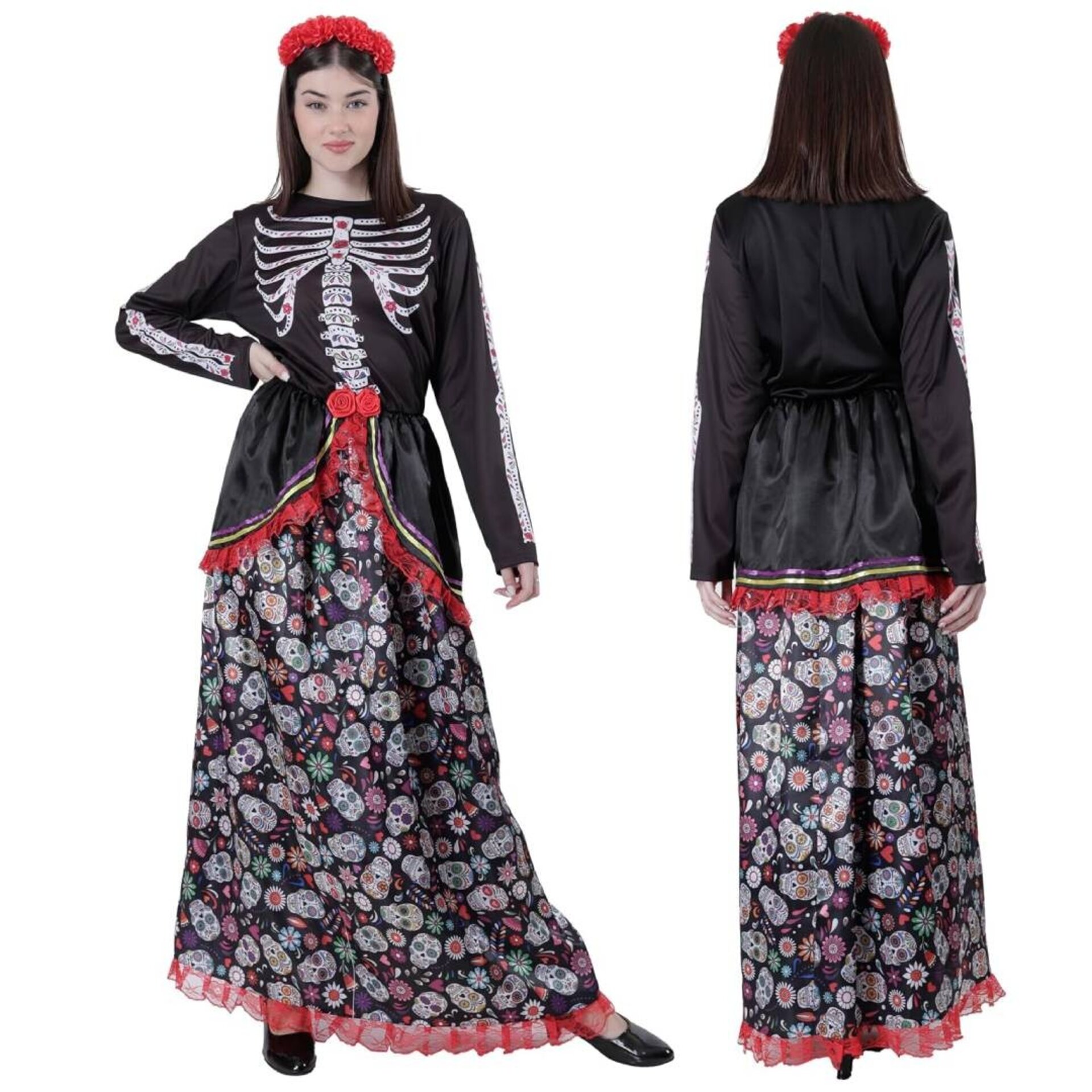 Disfraz de Catrina para Mujer Adulto - Vestido Largo Calaveras y Diadema de Flor - 3