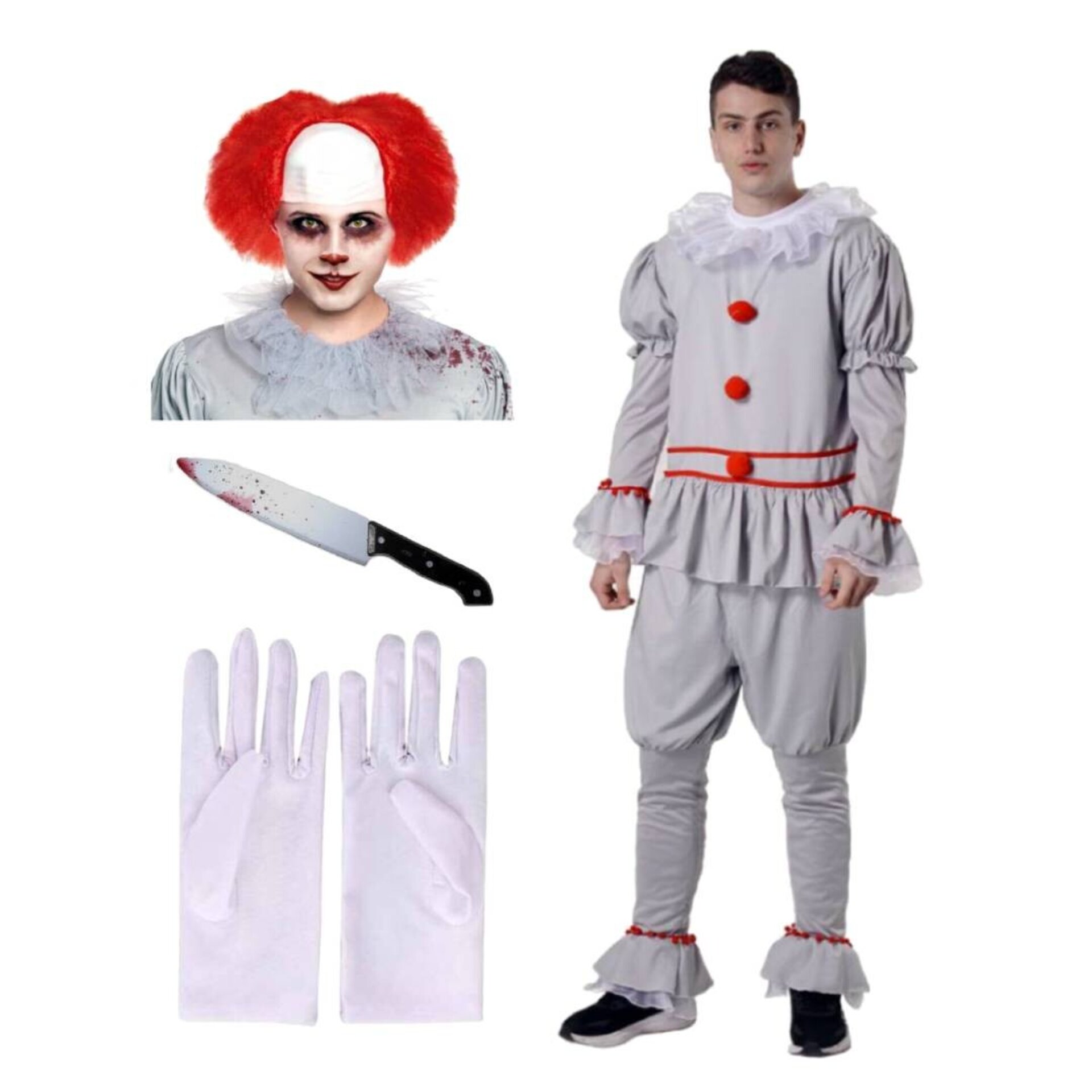 Disfraz Payaso IT Asesino Derry Pennywise Hombre Peluca Roja Guantes Accesorio - 1