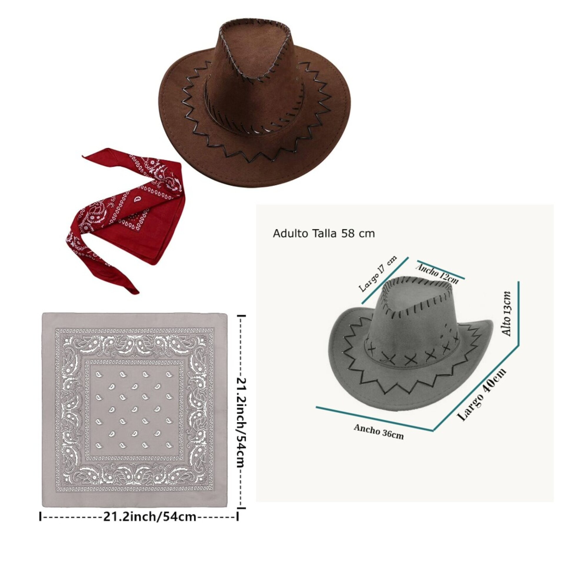 Sombrero Vaquero Marrón con Bandana pañuelo estampado para Adulto - 7