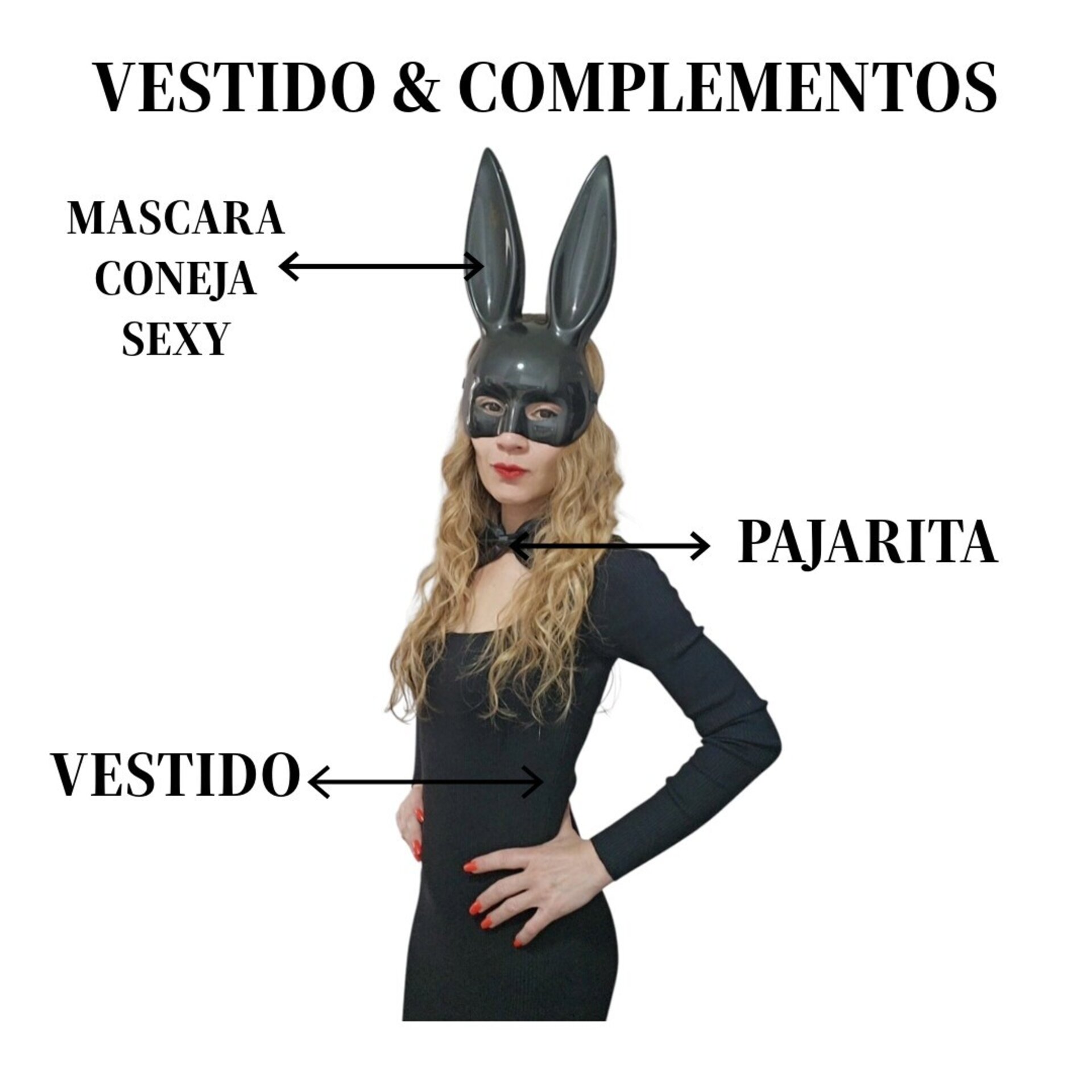 Vestido Negro Corto Disfraz Conejita Sexy con Máscara y Pajarita para Halloween - 8