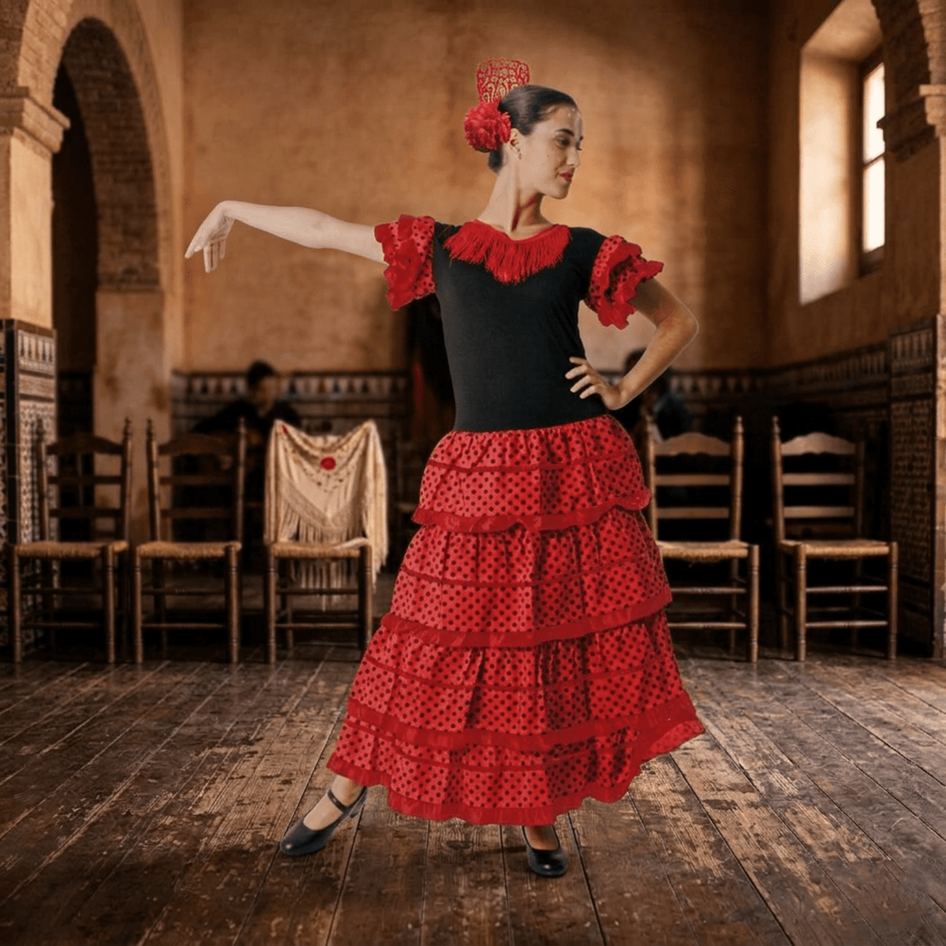 Vestido de Flamenca para Mujer Adulta con Peineta y Flor Roja - Traje de Sevilla - 8