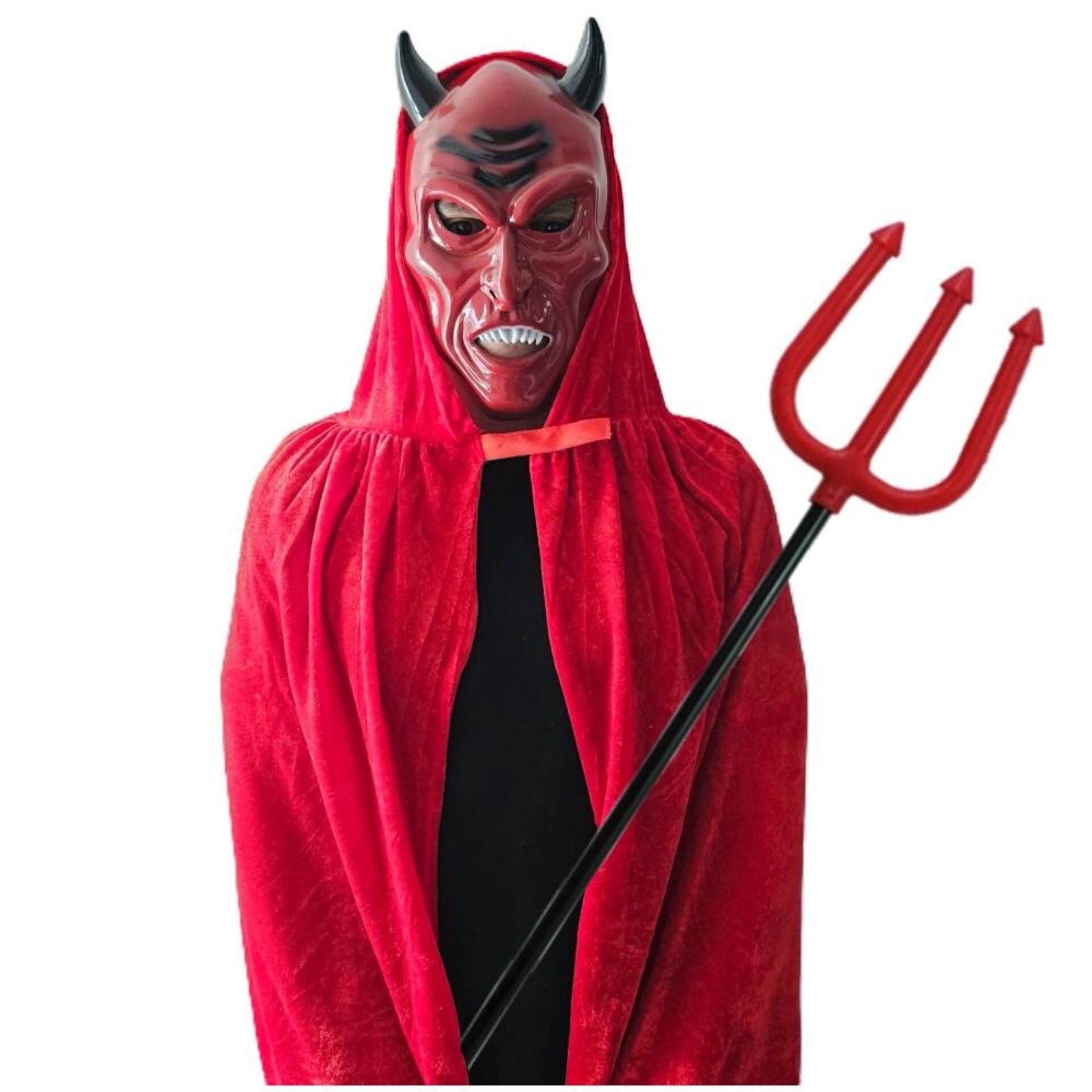 Disfraz Diablo Adulto | Capa Roja Satán Terciopelo + Tridente Máscara Demonio - 1
