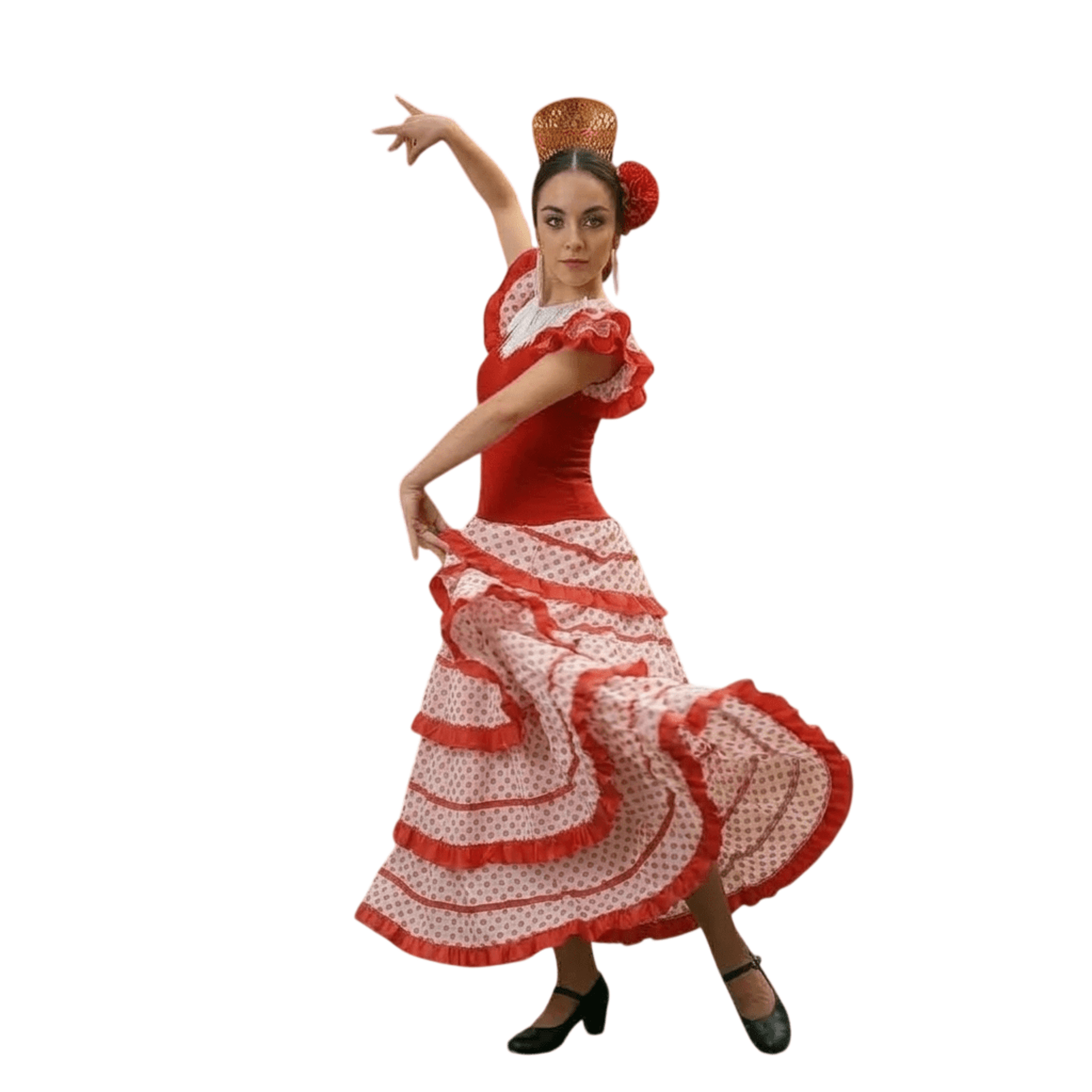 Vestido de Flamenca Mujer Traje Sevillana Rojo y Lunares con Flor y Peineta - 1