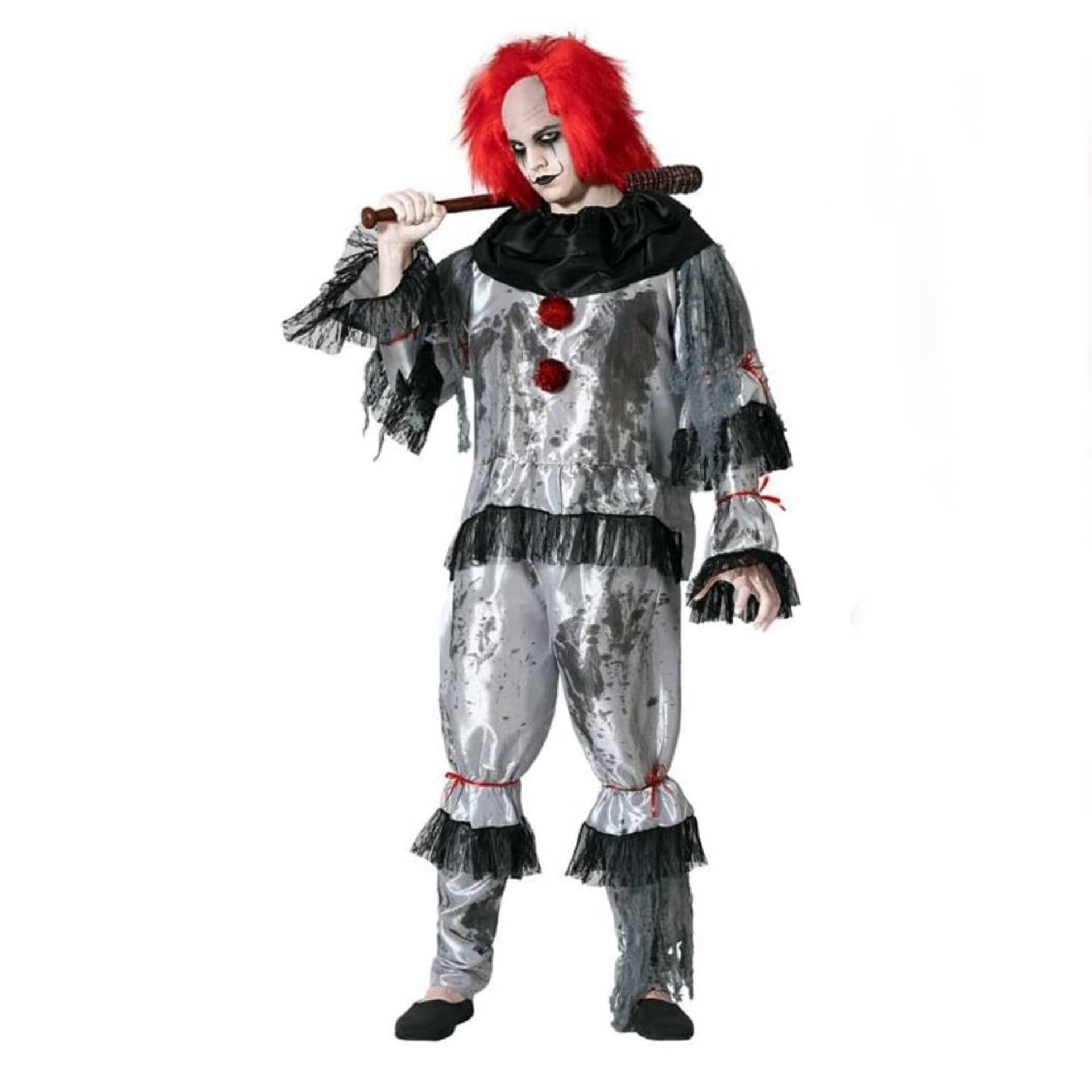 Disfraz Payaso Terror Hombre Adulto Estilo IT Pennywise Peluca Roja Bate Guantes - 2