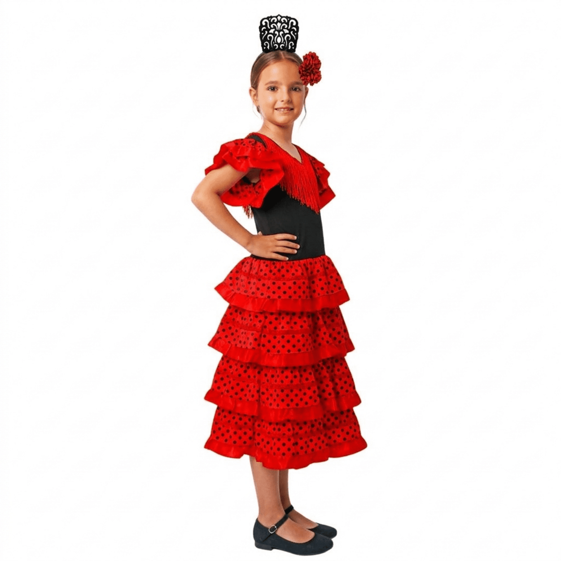 Disfraz de Flamenca para Niña - Vestido Sevillana con Volantes Rojos y Lunares - 5