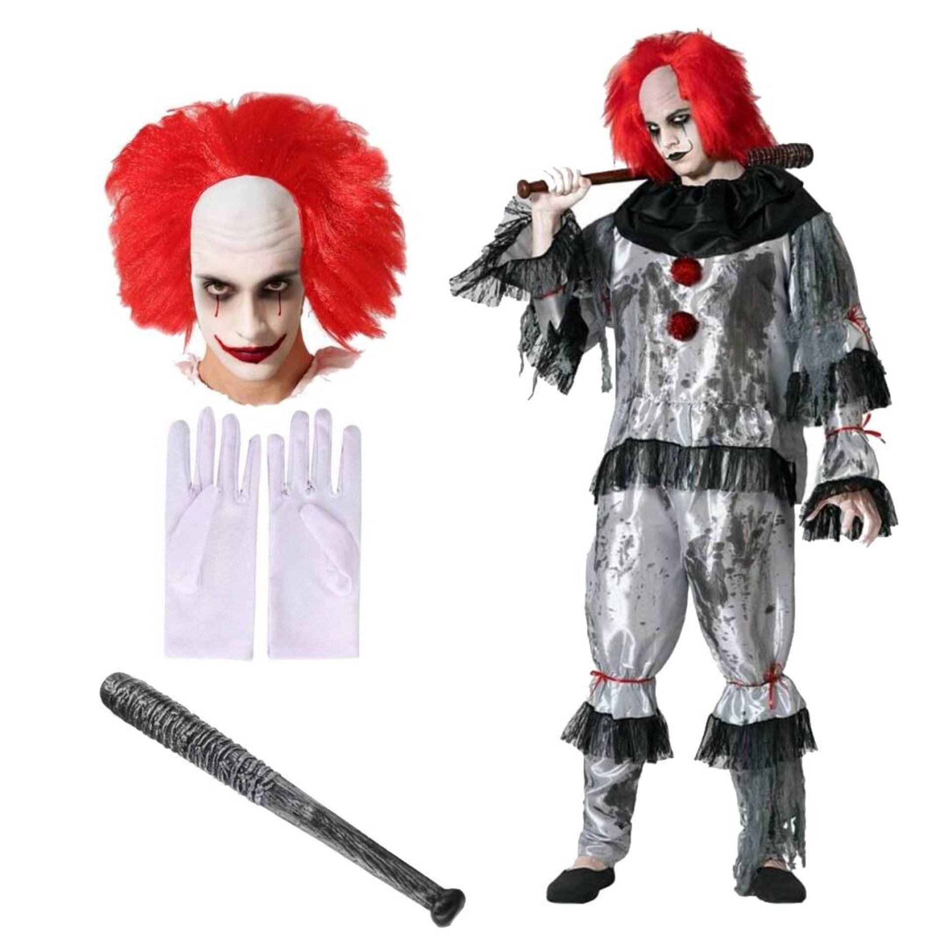 Disfraz Payaso Terror Hombre Adulto Estilo IT Pennywise Peluca Roja Bate Guantes - 1